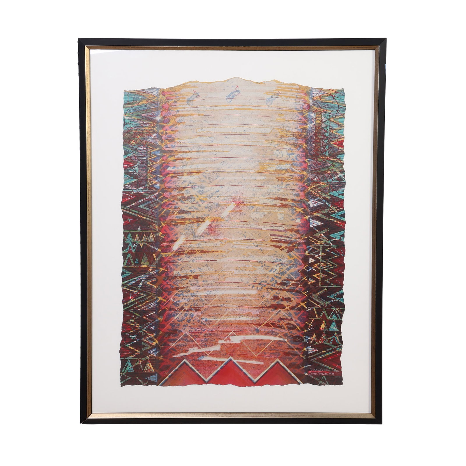 Guzak, Karen (American b. 1939): Karen Guzak American b. 1939 Western Crossing Lithograph Abstract. Of an edition 4/20.Titled, signed and dated 1981 lower right. Image Height: 29 in, Image Width: 20 1/2 in, Framed Height: 36 in,