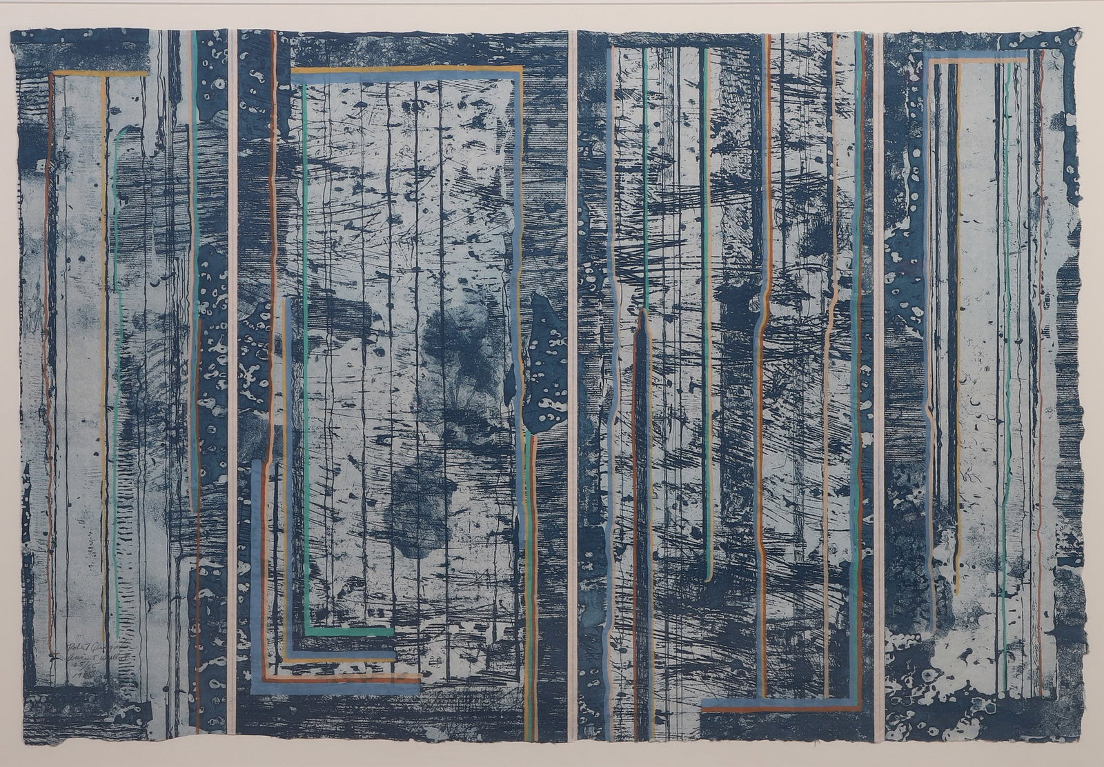 Quijada, Robert: Robert Quijada Ancient Walls I, 1985 Screenprint on rice paper. Numbered 25/55. Pencil signed and inscribed. Image Width: 25 in, Image Height: 37.5 in, Framed Height: 37 1/2 in, Framed Width: 50 in