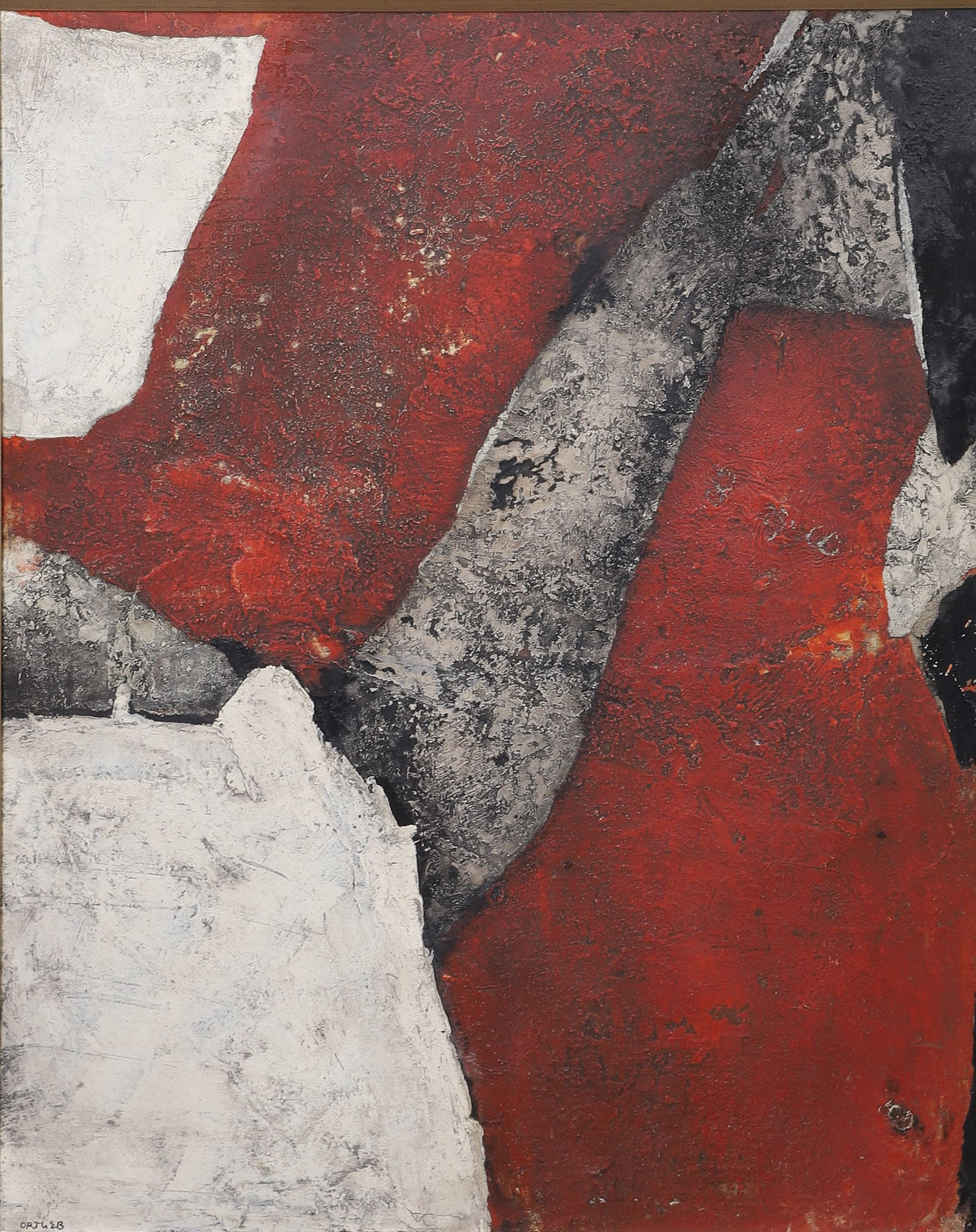 Ortlieb, Evelyn: Evelyn Ortlieb Rouge, Noir et Gris Paint on canvas Modernist abstract composition. Signed lower right hand corner. Image Height: 32 in, Image Width: 25 3/4 in, Framed Height: 35 1/2 in, Framed Width: