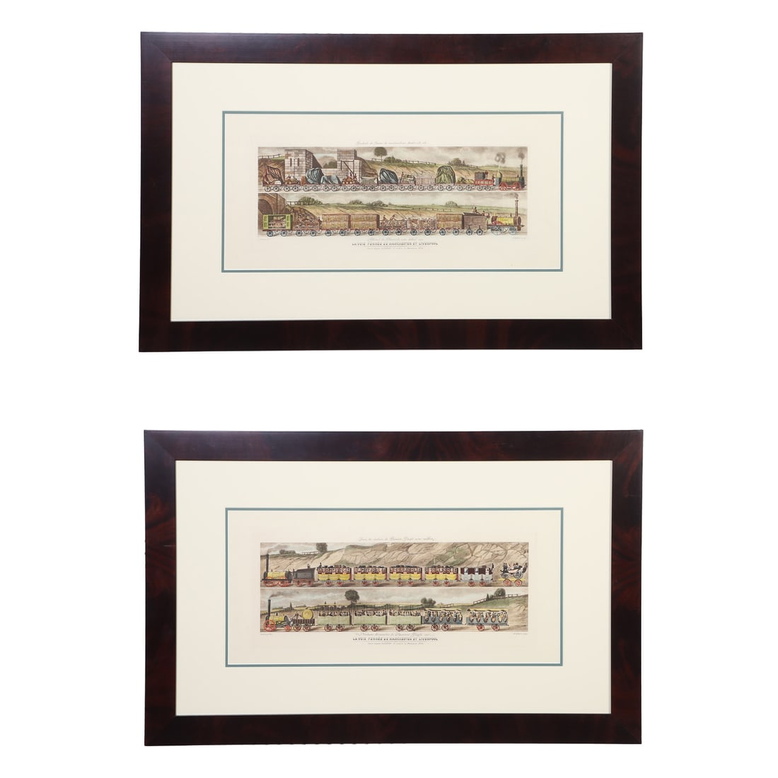 (2) Antique French Lithos: (2) Antique French Lithos, Early Public Transit La Voie Ferree. Antique French Chromolithographs after H. Floury. Engraved by A. Gilbert. Image Height: 9 in, Image Width: 67.9450 cm, Framed Height: