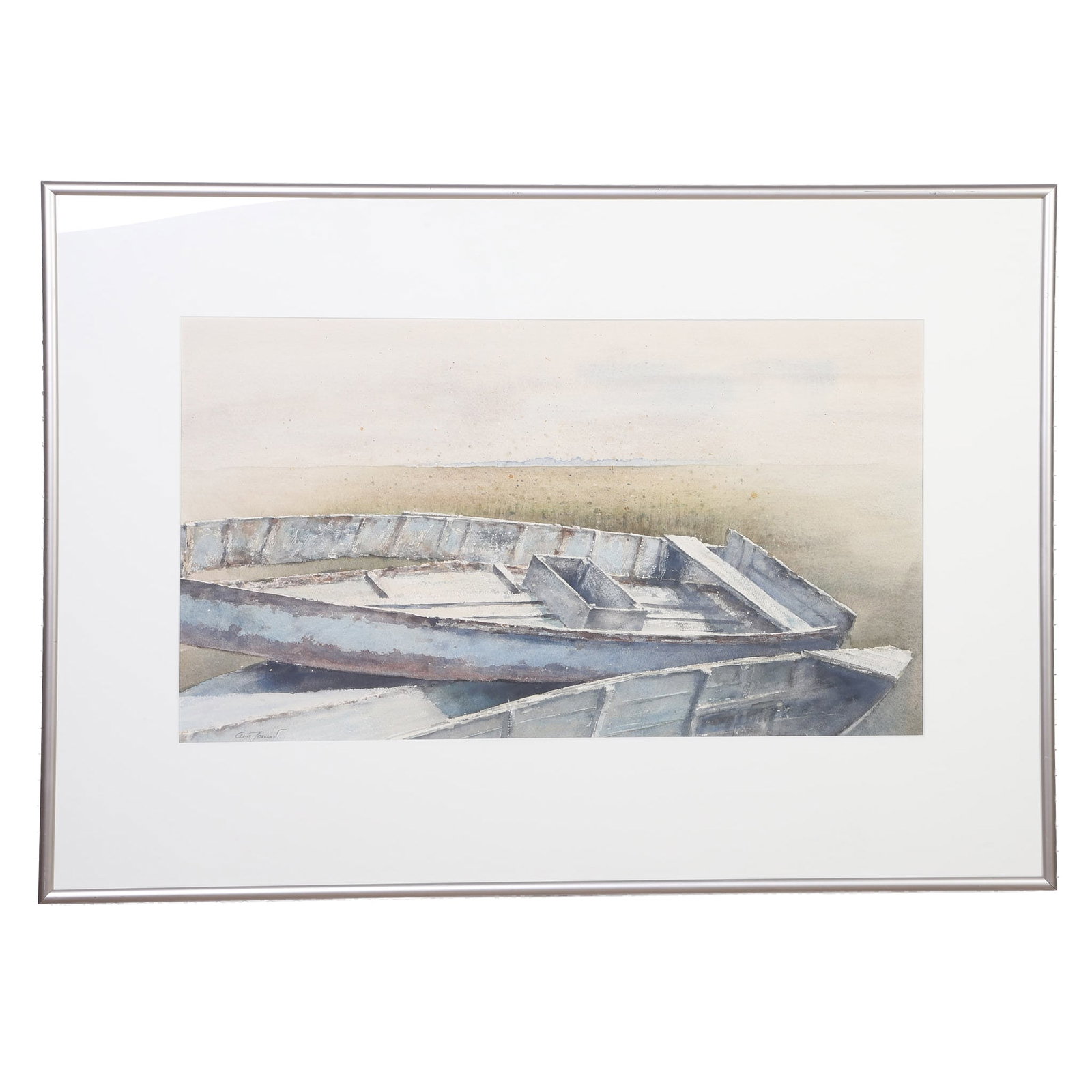 Dockside Working Boat: Dockside Working Boats, Watercolor Dockside Working Boats, Watercolor. Artist unknown. Signed illegibly. Framed under glass. Image Height: 17 in, Image Width: 29 in, Framed Height: 28 in, Framed Width