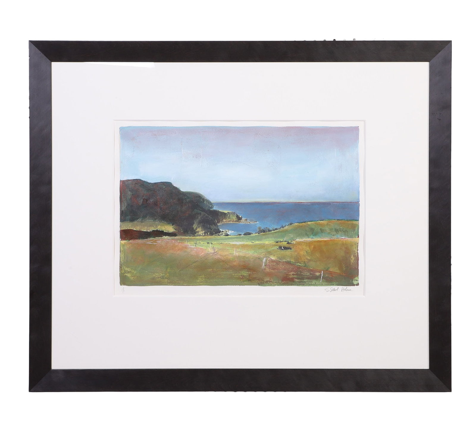 Sokol-Hohne, Starlie (American 20th C.): Starlie Sokol-Hohne American 20th C. Untitled (Coastal Landscape) Monotype Signed and numbered 1/1. Image Height: 17 1/4 in, Image Width: 35 1/2 in, Framed Height: 33 3/4 in, Framed Width: 39 3/4 in