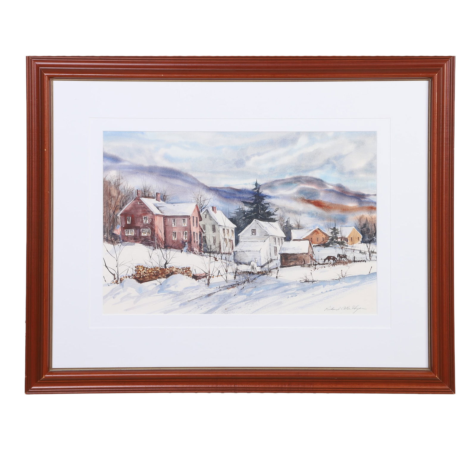 Heyer, Richard Allen (20th / 21st C.): Richard Allen Heyer 20th / 21st C. Untitled (Winter Village) Watercolor Signed lower right. Image Height: 26 in, Image Width: 33 in