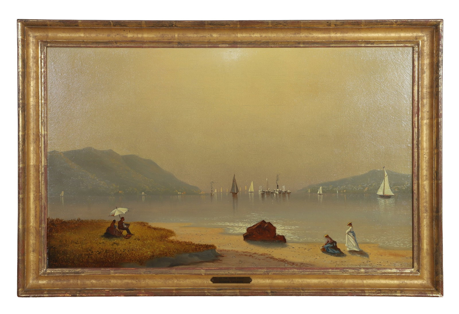 Tayleure, Eugene: Eugene Tayleure On the Maine Coast Oil on canvas. Antique 19th C coastal view painting. Re-lined canvas. Signed, lower left hand corner. Bearing a plaque on the gilded frame. Size: 21.5" H x 35.5" W,