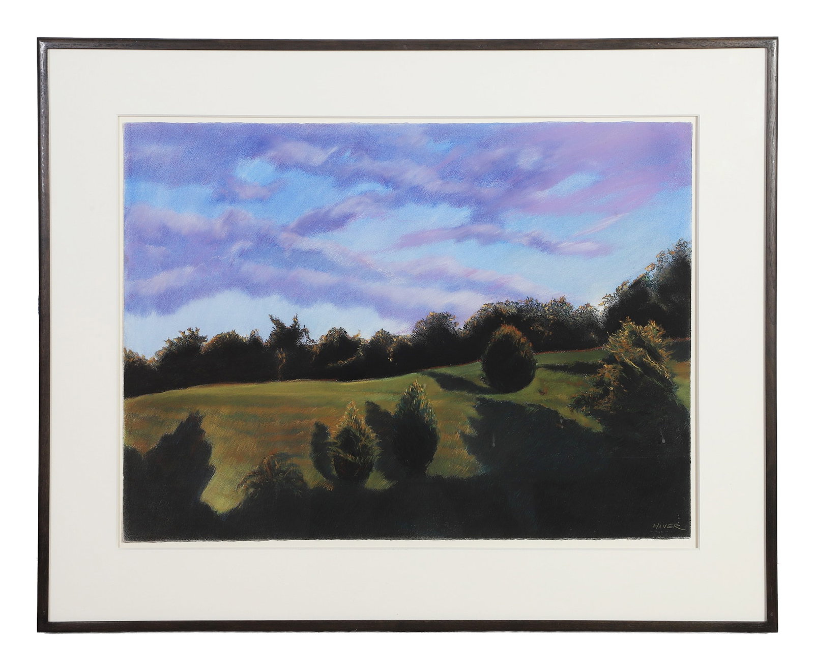 Haver, (20th / 21st C.): Haver 20th / 21st C. Big Sky Landscape Pastel on paper. Summer day with sky of blues and purples over a tree lined meadow and hill. Signed lower right. Image Height: 23 in, Image Width: 30 in, Framed