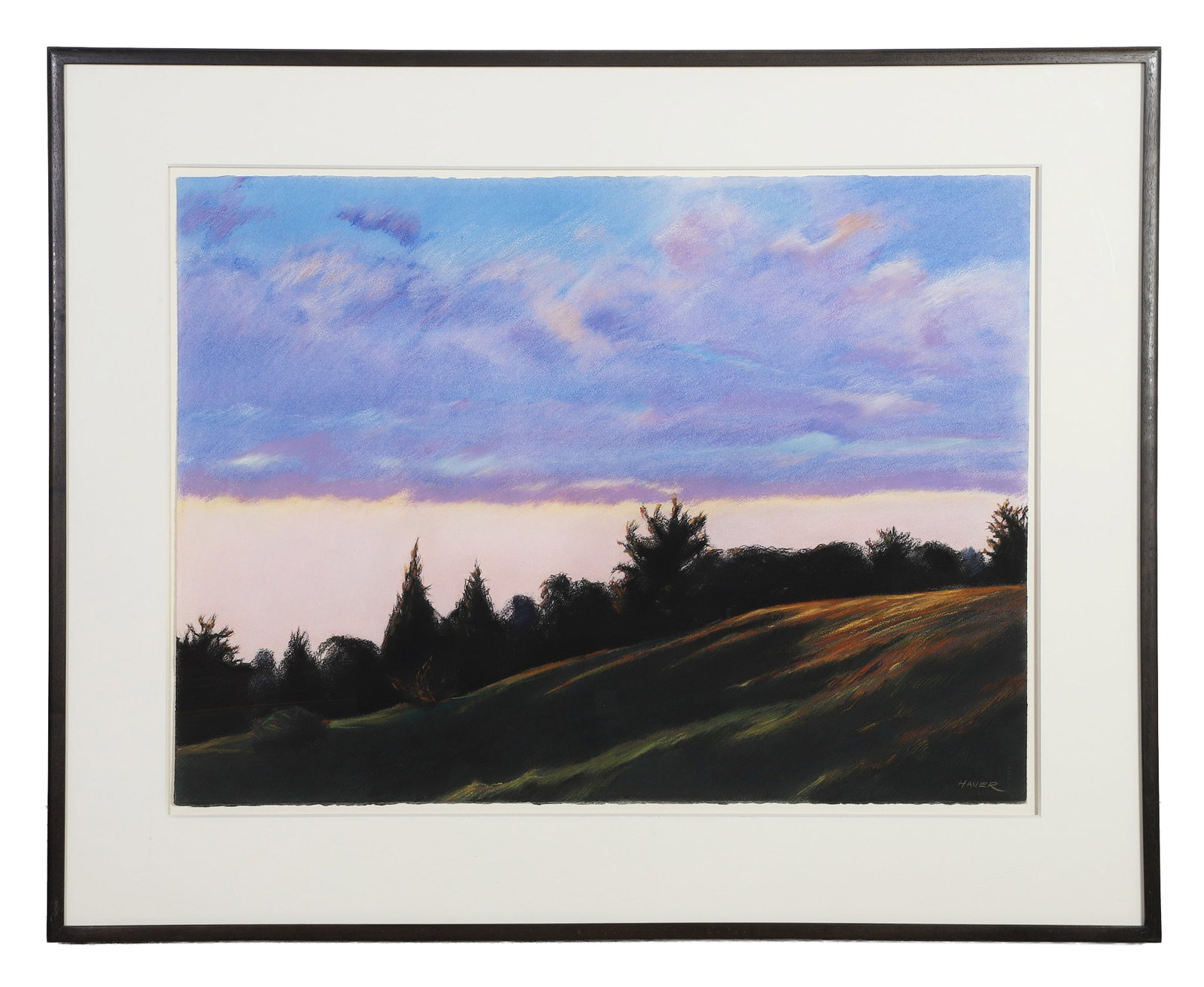 Haver, (20th / 21st C.): Haver 20th / 21st C. Hillside Summer Landscape Pastel on paper. Big sky of blues and purples over a tree lined meadow and hill. Signed lower right. Image Height: 23 in, Image Width: 30 in, Framed