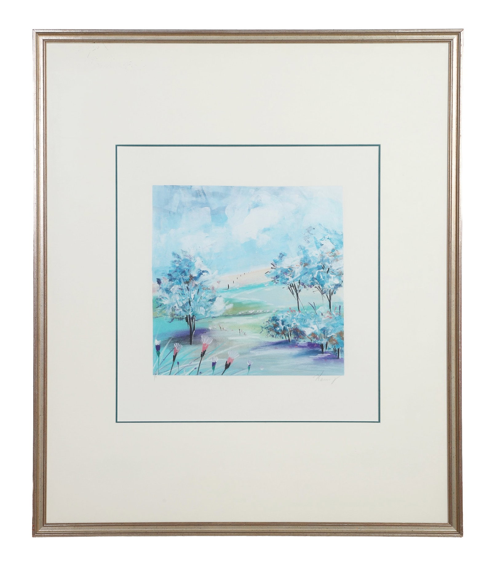 Kammy: Kammy Untitled (Landscape) Pastel Soft, pastel-toned spring landscape on paper. Numbered 1/1 and signed indistinctly in lower margin, possibly Kamy or Kammy. Image Height: 21 1/4 in, Image Width: 30