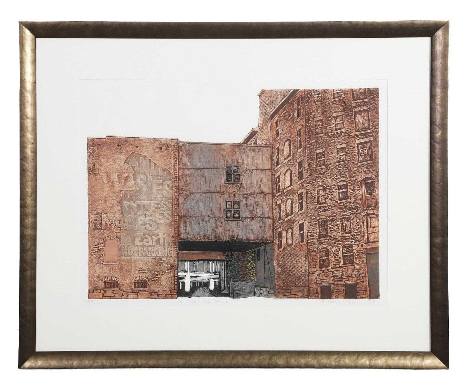 Bentley Scheck, Grace (American 20th/21st C): Grace Bentley Scheck American 20th/21st C Alley II Collograph. Numbered 5/20. Framed under glass. Image Height: 18 3/4 in, Image Width: 26 in, Framed Height: 30 7/8 in, Framed Width: 38 1/8 in