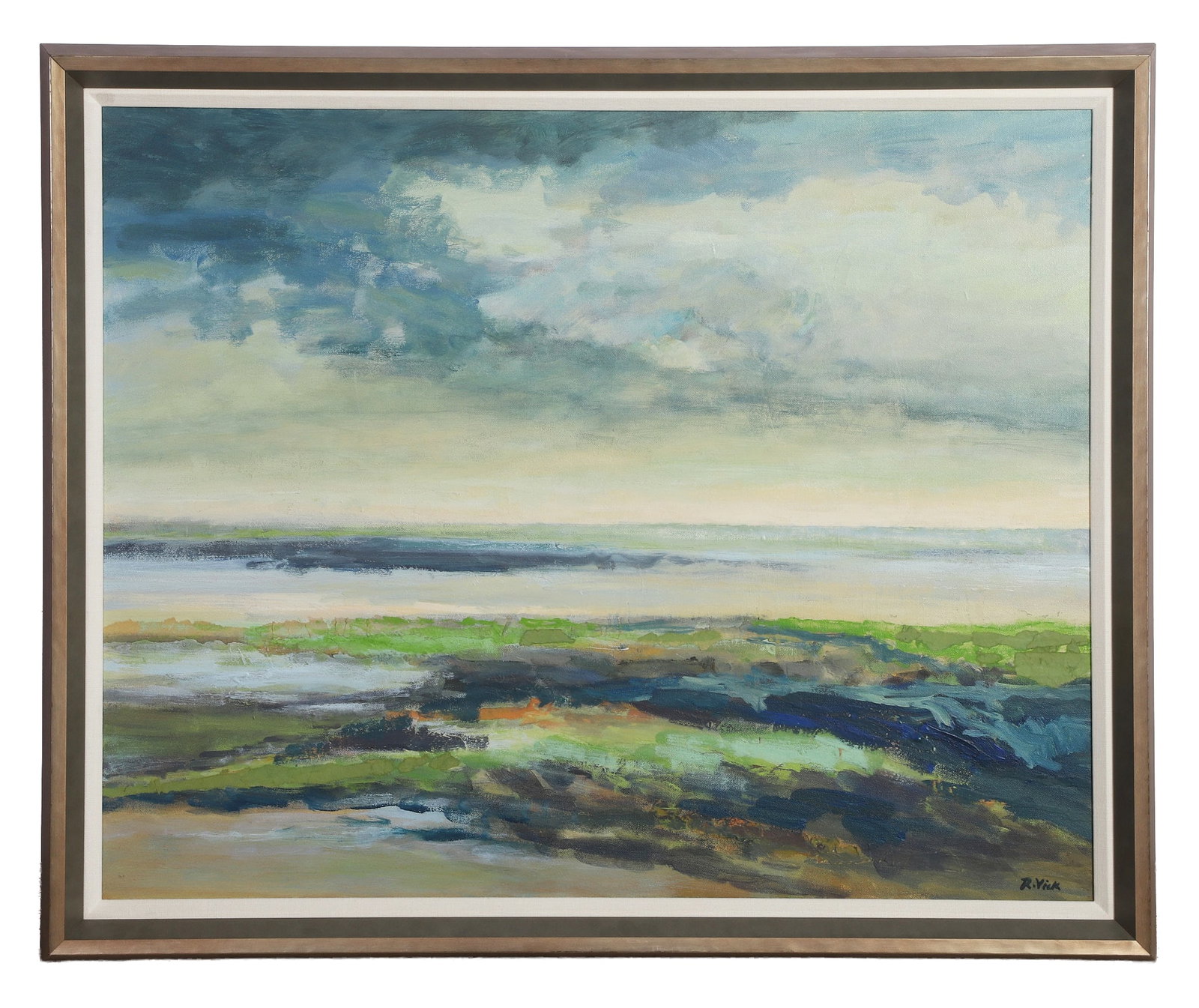 Vick, Robert V. (American / VA 1935?2010): Robert V. Vick American / VA 1935–2010 Barrier Island Oil on canvas Beautiful coastal seascape in blues, greens and greys. Signed lower right. 23.5" H x 29.5" W, sight. 27.5" H x 33.5" W, frame.