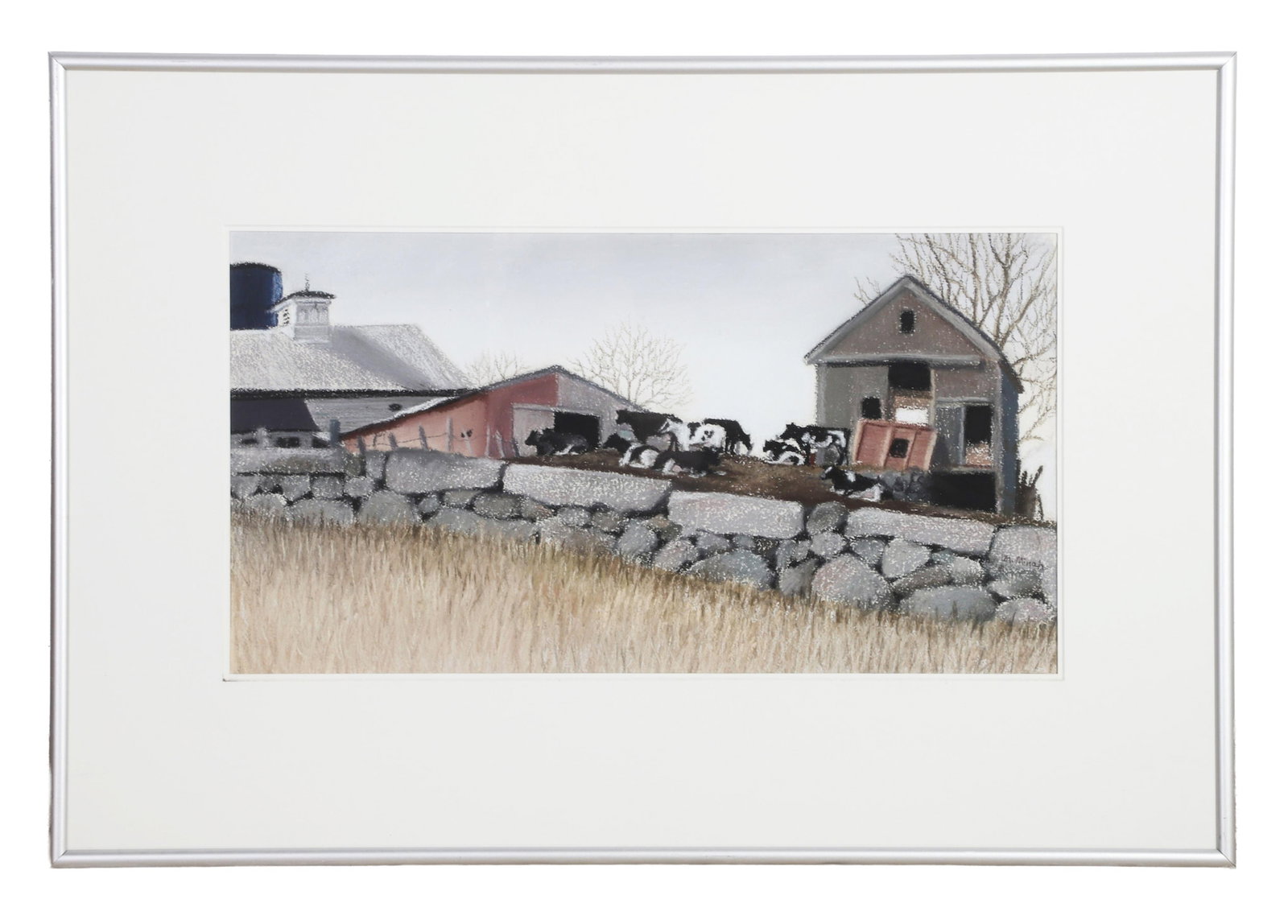 Minah, Michelle (American 20th/21st C): Michelle Minah American 20th/21st C Cows Waiting Pastel on paper Framed under glass. 11.5" H x 21.75" W, sight. 21.5" H x 31.75" W, frame.