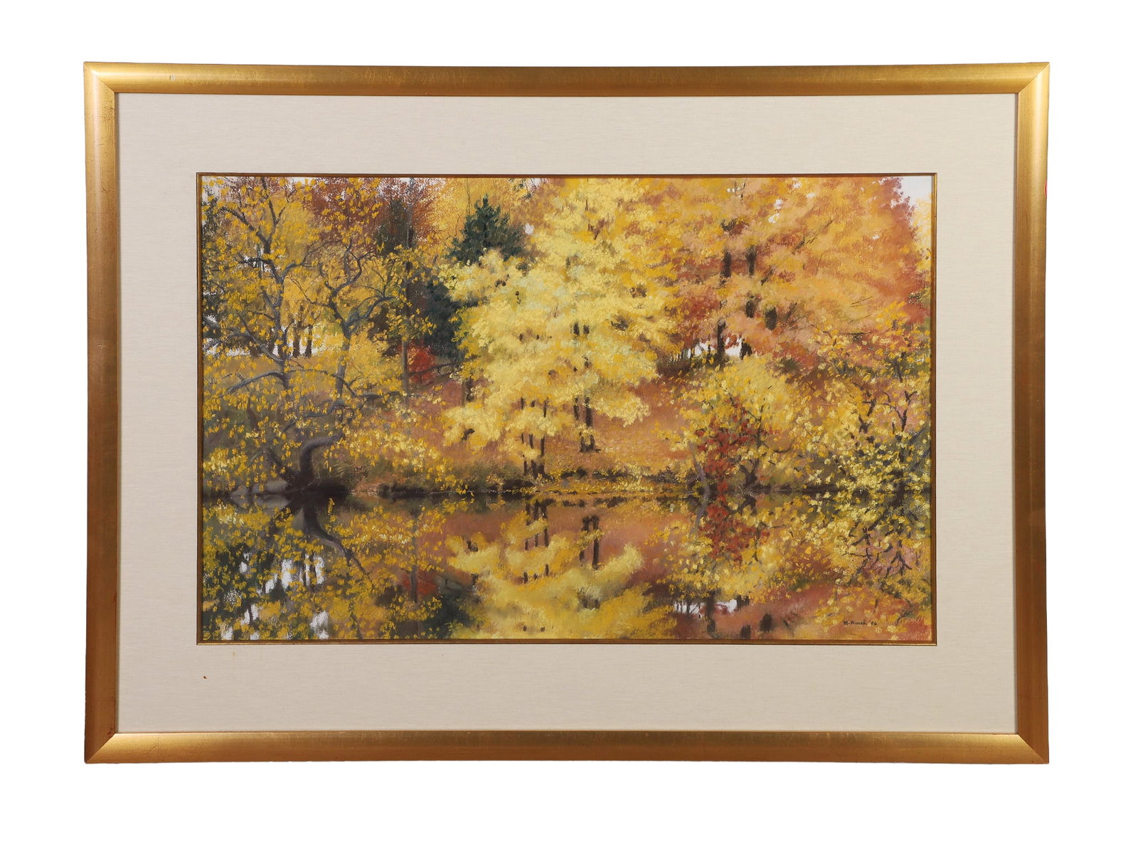 Minah, Michelle (American 20th/21st C): Michelle Minah American 20th/21st C Untitled (Autumn Landscape), 1986 Pastel on paper. Signed lower right. Framed under glass. Image Height: 24 1/2 in, Image Width: 38 in, Framed Height: 36 3/4 in,