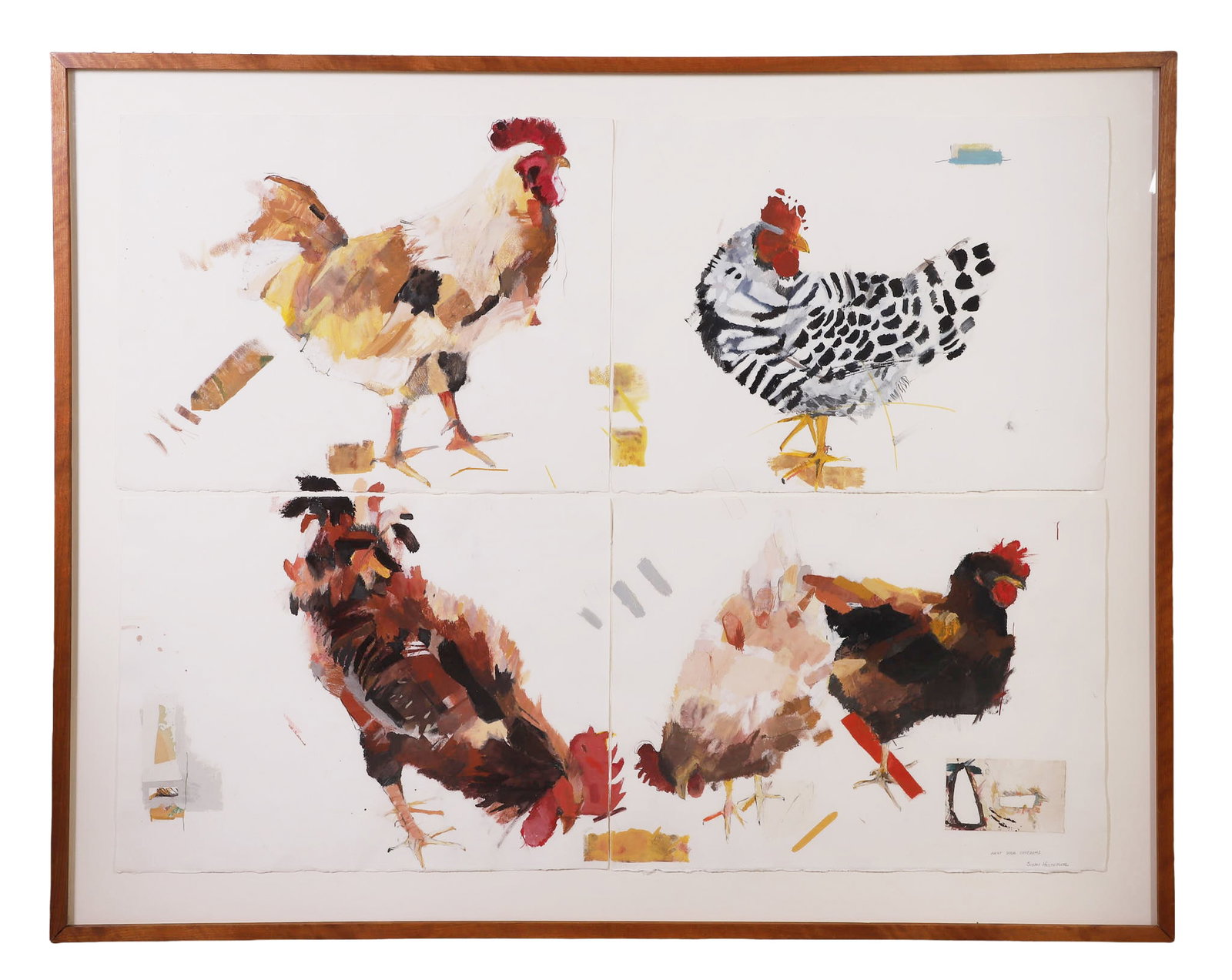 Hostetler, Susan (American 20th C): Susan Hostetler American 20th C Next Door Chickens Acrylic on paper, assemblage. Image Height: 37.2 in, Image Width: 49 in, Framed Height: 43 in, Framed Width: 55 in