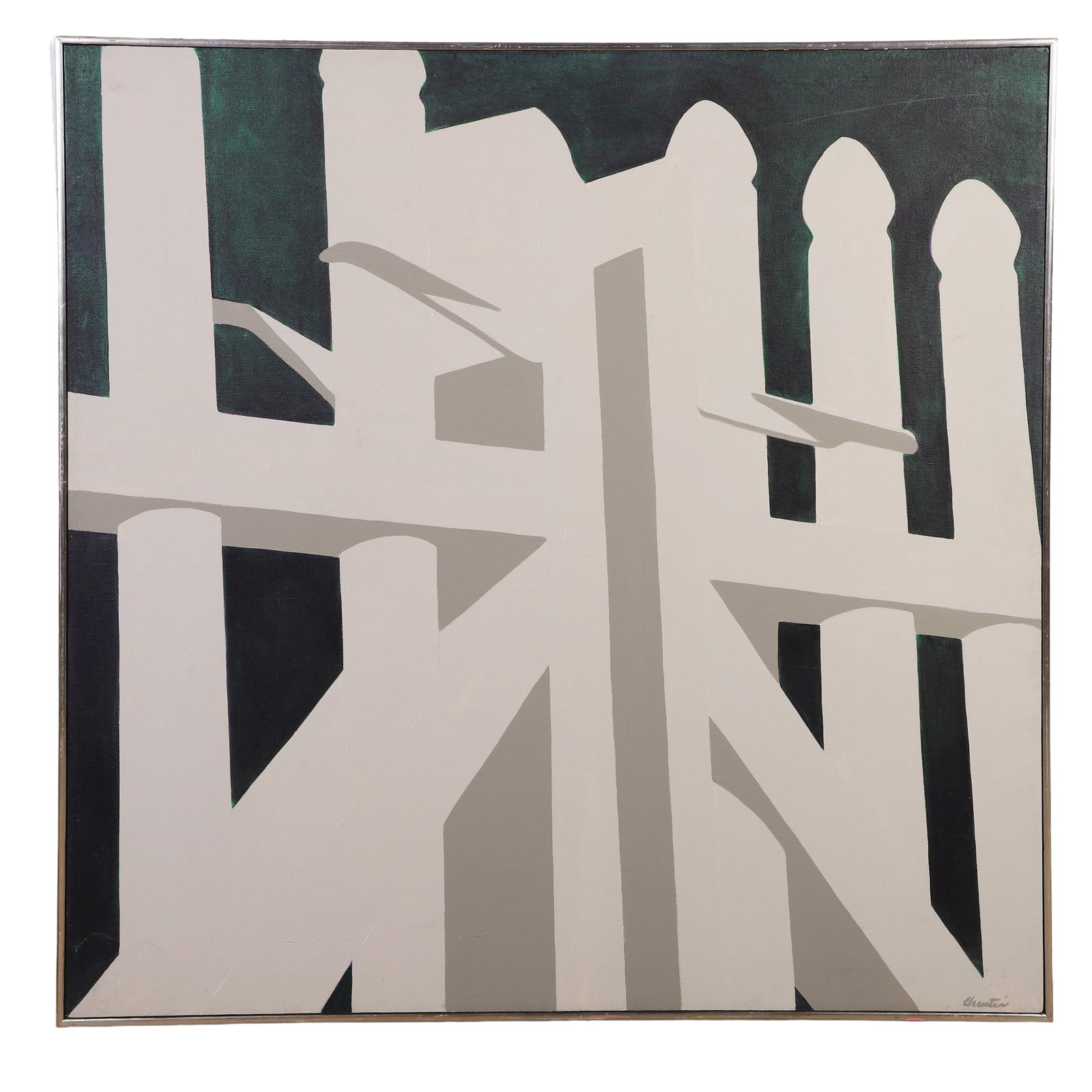 Artist, Unknown: Unknown Artist Untitled (Gate) Oil on canvas Large scale painting with high contrast white and dark areas depicting a picket fence gate. Signed indistinctly lower right, possibly Christin. Image