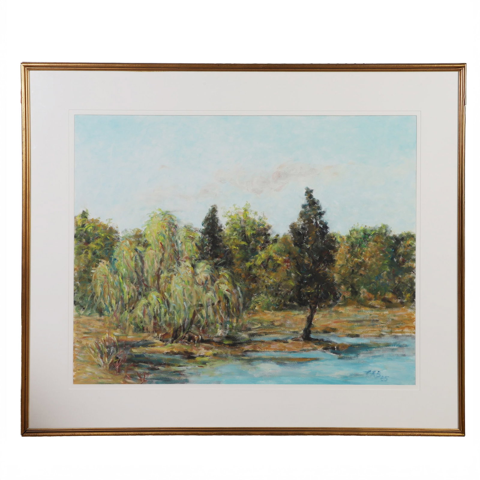 Barnette, Charles Richard (American 20th C): Charles Richard Barnette American 20th C Untitled (Lakeside Vignette) Acrylic on paper. Framed under glass. Signed. 30" H x 38" W, sight. 41.75" H x 49.75" W, frame.