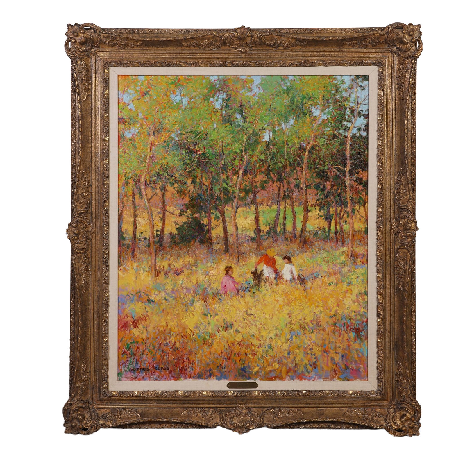 Corzo, Sotiris (Greece b. 1936): Sotiris Corzo Greece b. 1936 Playtime Oil on canvas. Bearing label for Soicher-Marin, Culver City, CA, on obverse. 33.5" H x 27.5" W, sight. 44" H x 38" W, frame. From Askart: Adrianos Sotiris and