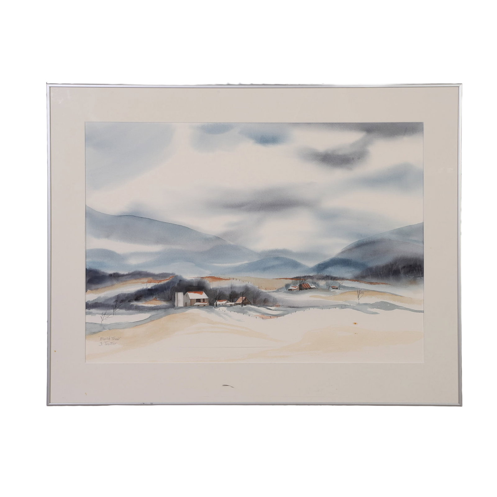 Trotter, S. (20th / 21st C.): S. Trotter 20th / 21st C. March Thaw Watercolor Mountainous snowy landscape with two farmsteads nestled among the hills. Signed lower left. Image Height: 20 in, Image Width: 26 in, Framed Height: 26