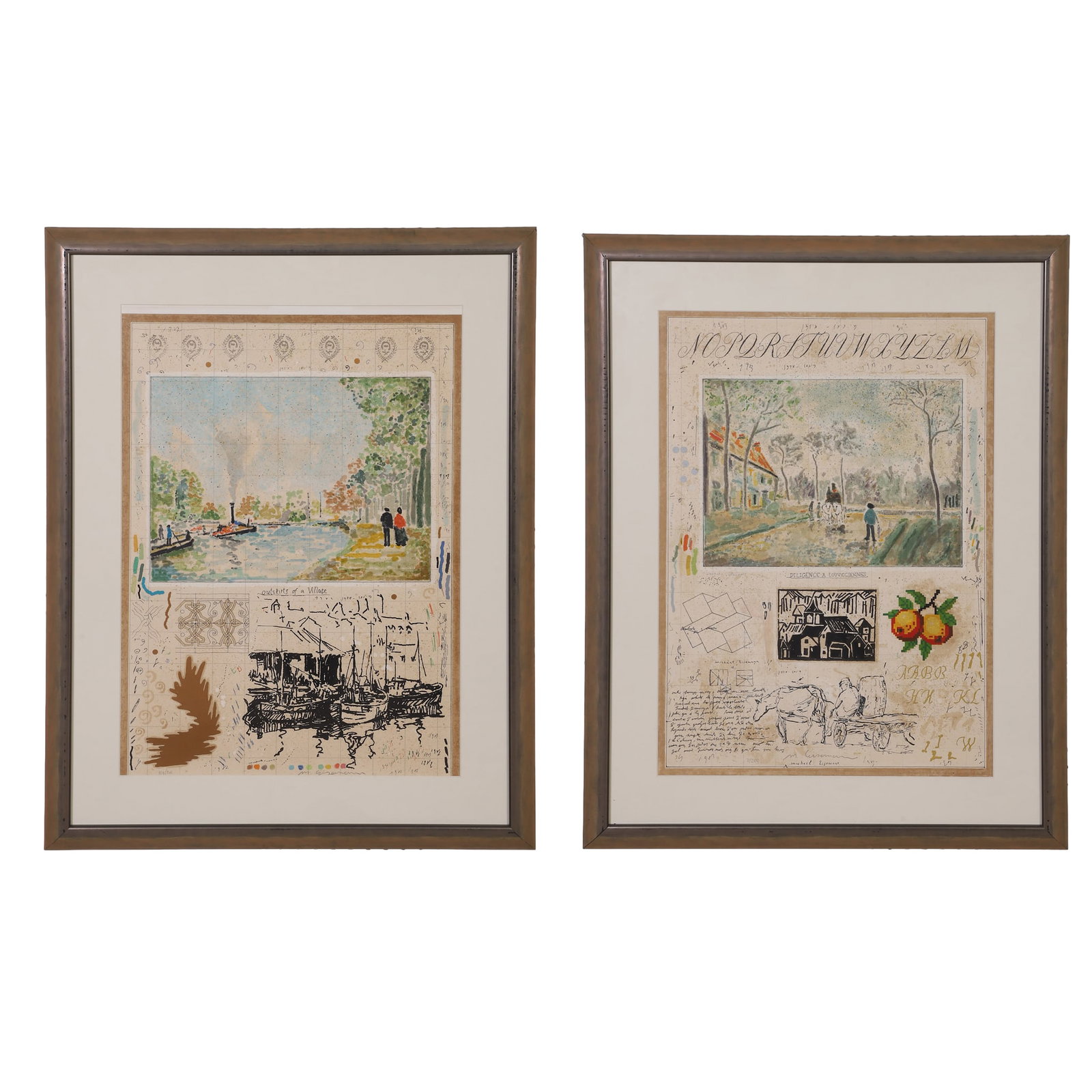 Eisemann, Michael (Israeli b.1943): Michael Eisemann Israeli b.1943 (2) Works Lithograph "Outskirts of a Village" 1982, 107/200 "Diligence A Louvagiennes" 1983, 7/200 27" H x 19" W, sight. 36" H x 28" W, frame.