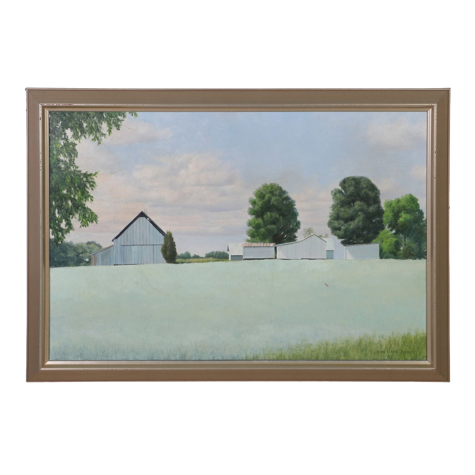 Dowdell, Elaine (American / Iowa 1931-2014): Elaine Dowdell American / Iowa 1931-2014 Farmstead, 1986 Oil on canvas. Beautiful summer landscape of a farm and trees with lush field in foreground. Signed lower right. 23.5" H x 35.5" W, sight. 28" 
