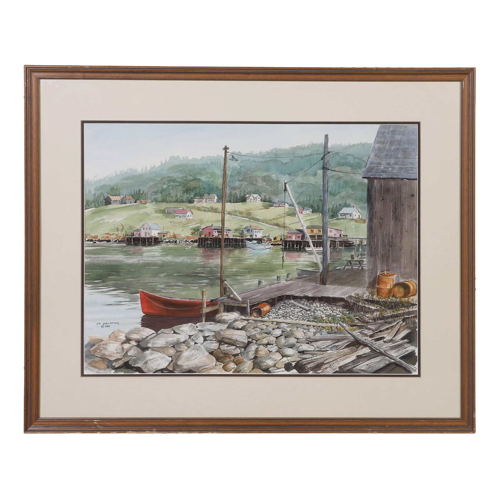 Sheldrick, Ed (20th C.): Ed Sheldrick 20th C. Untitled (Harbor) Watercolor Detailed harbor and town landscape. Signed and dated 1986 lower left. Image Height: 21 1/2 in, Image Width: 28 3/4 in, Framed Height: 31 in, Framed