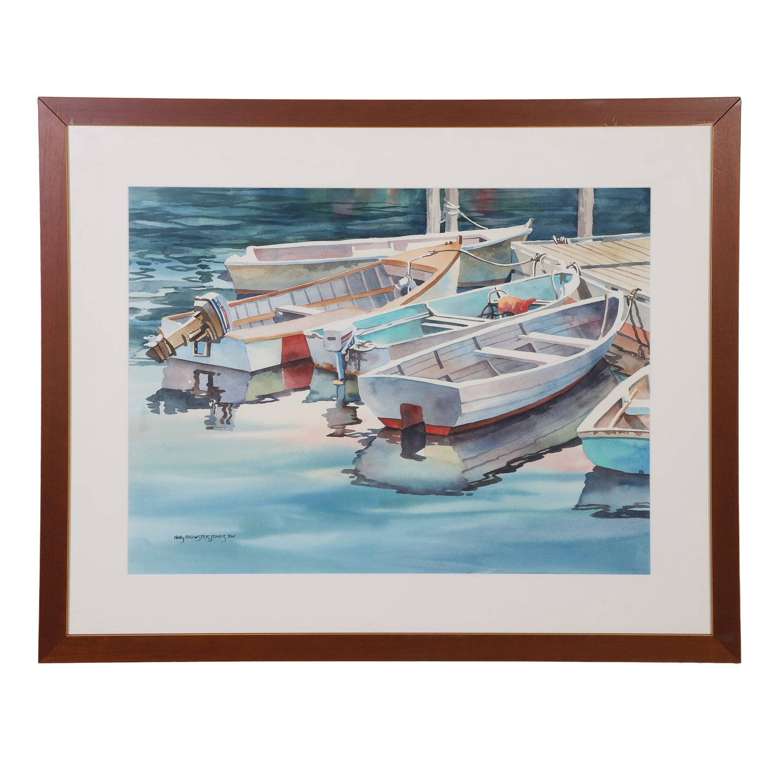 Brewster Jones, Holly (American 20th C): Holly Brewster Jones American 20th C Stern of boat at dock Watercolor Framed under glass. Signed. Image Height: 22 3/4 in, Image Width: 30 in, Framed Height: 31 3/4 in, Framed Width: 39 in