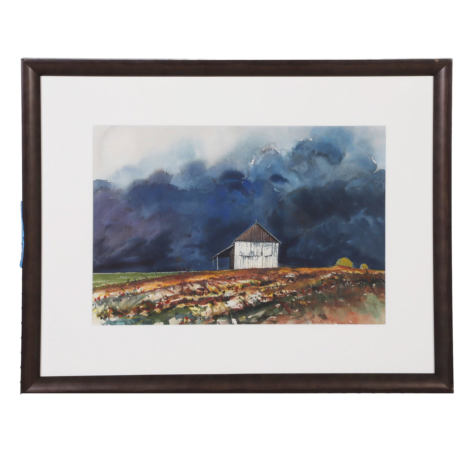 Hansen, Harry (American / SC 1942-2013): Harry Hansen American / SC 1942-2013 Untitled (Landscape) Watercolor Small white house sitting in a field under a stormy sky.