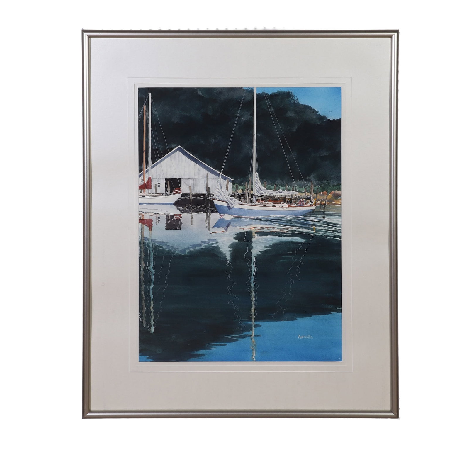Andrus, Steve (American 20th C): Steve Andrus American 20th C Untitled (Dockside Sailnoats), 1988. Watercolor Signed lower right hand corner. Framed under glass. 28" H x 21" W, sight. 40" H x 33" W, frame.