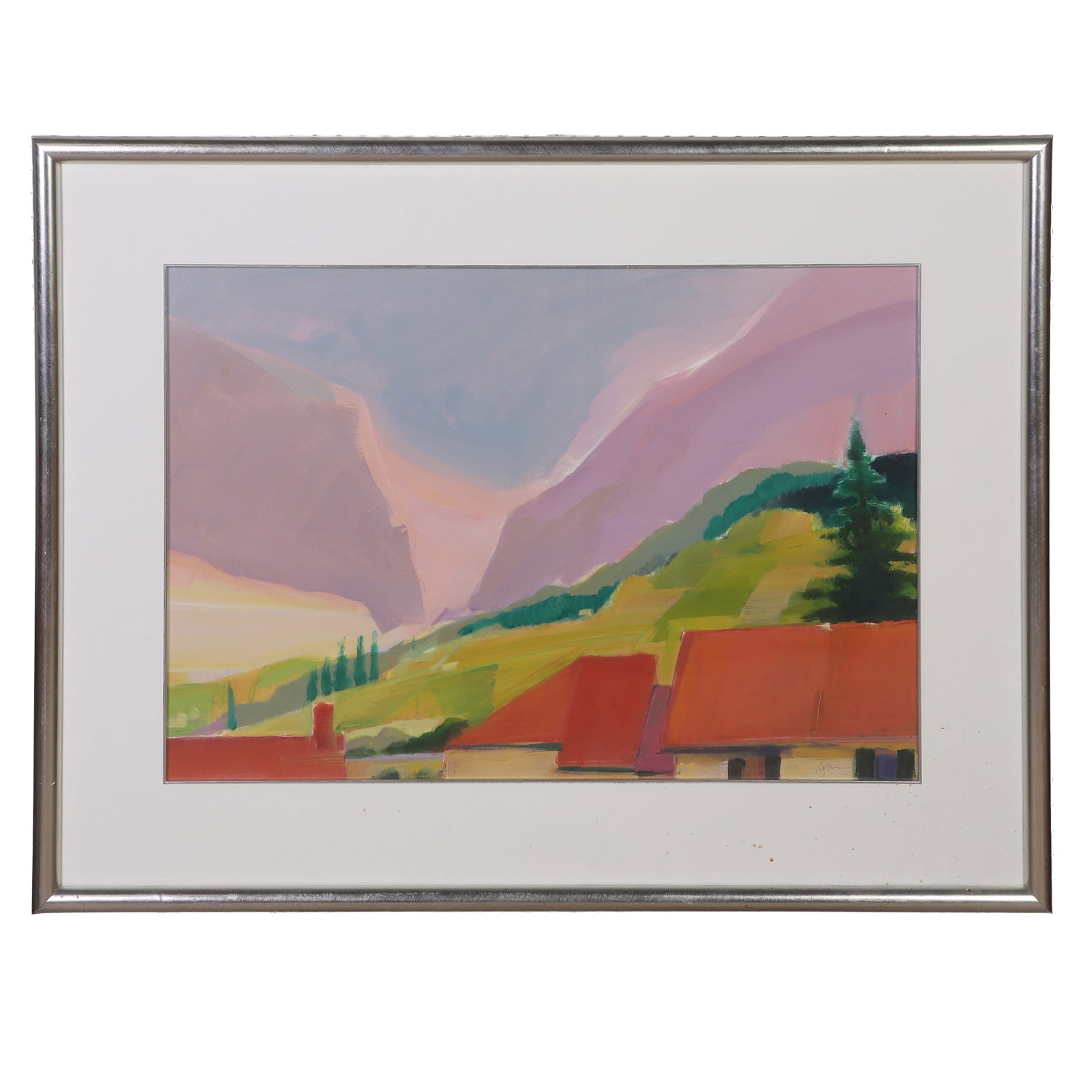 Unknown, Artist: Artist Unknown Expressionist Landscape Composition Acrylic on paper Signed illegibly on lower right. Image Height: 22 in, Image Width: 31 1/2 in, Framed Height: 32 in, Framed Width: 42 in
