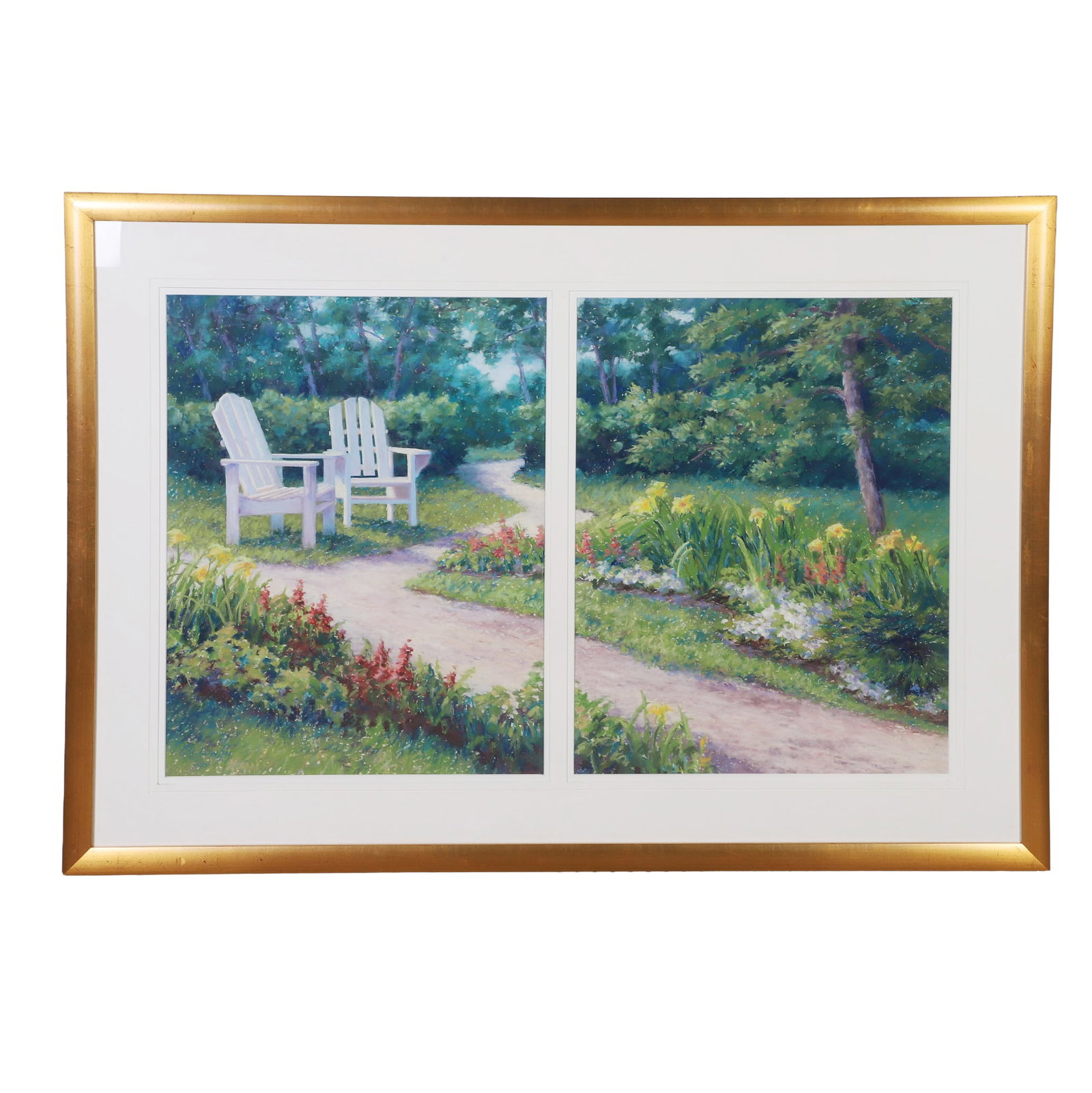 Lowry, Gayle (American / NC b. 1947): Gayle Lowry American / NC b. 1947 Untitled (Garden Diptych) Pastel on paper Diptych of a garden scene with two chairs, stone path and flower beds. Signed lower left. Image Height: 26 1/2 in, Image