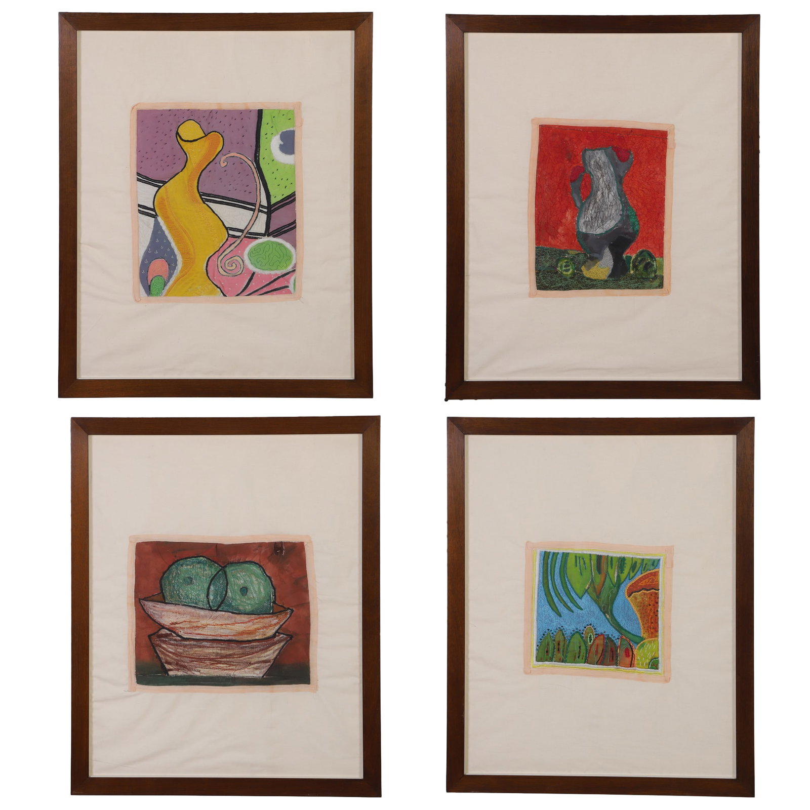 (4) Textile Artworks: (4) Textile Artworks An endearing set of four painted and stitched works after artists like Picasso. Unknown artist. Frame size: 26" H x 21" W