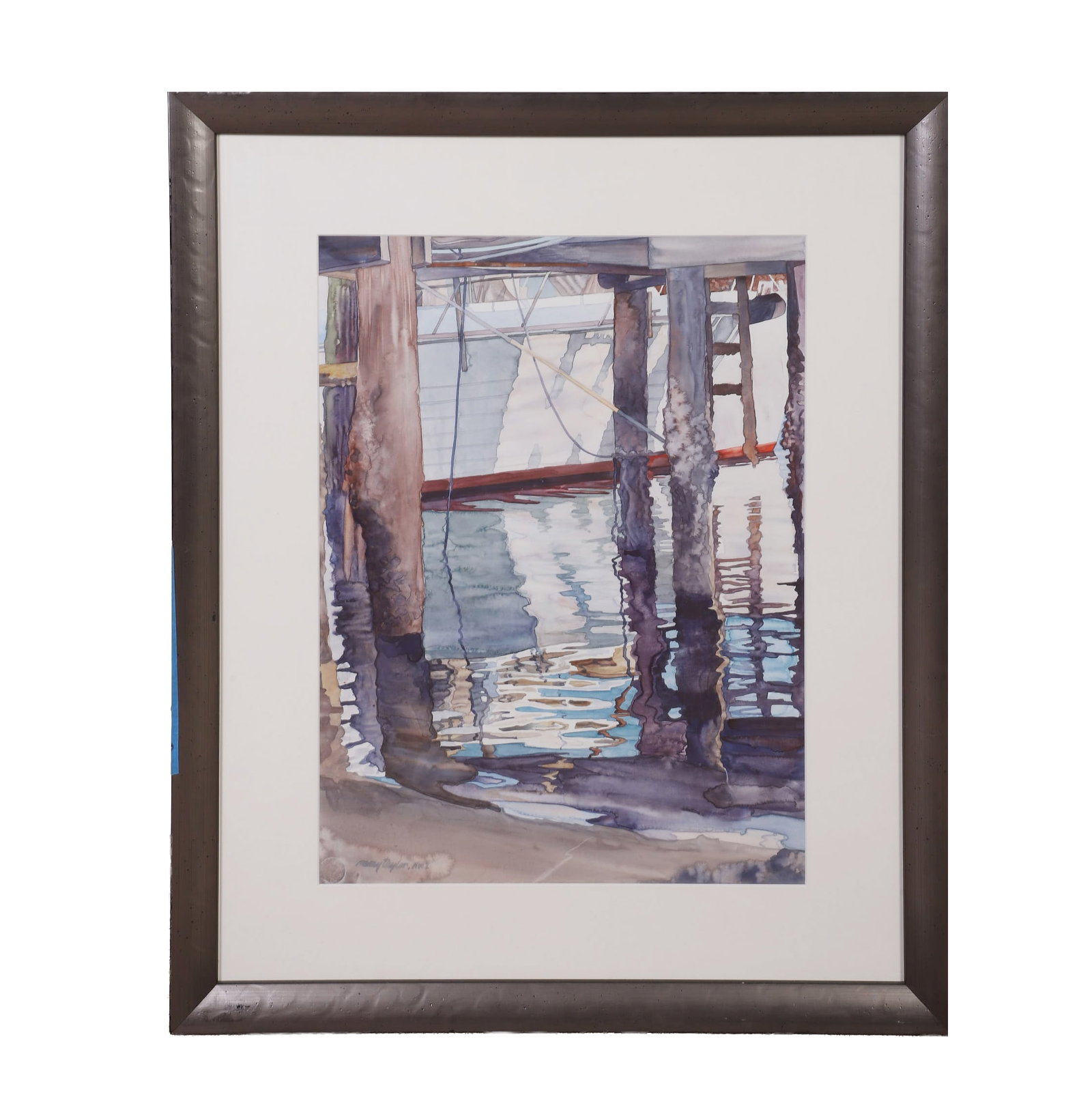 Taylor, Nancy Meadows (North Carolina 20th C): Nancy Meadows Taylor North Carolina 20th C Untitled Watercolor Plein Air Dockside 22" H x 16" W, sight. 31.5" H x 26" W, frame.