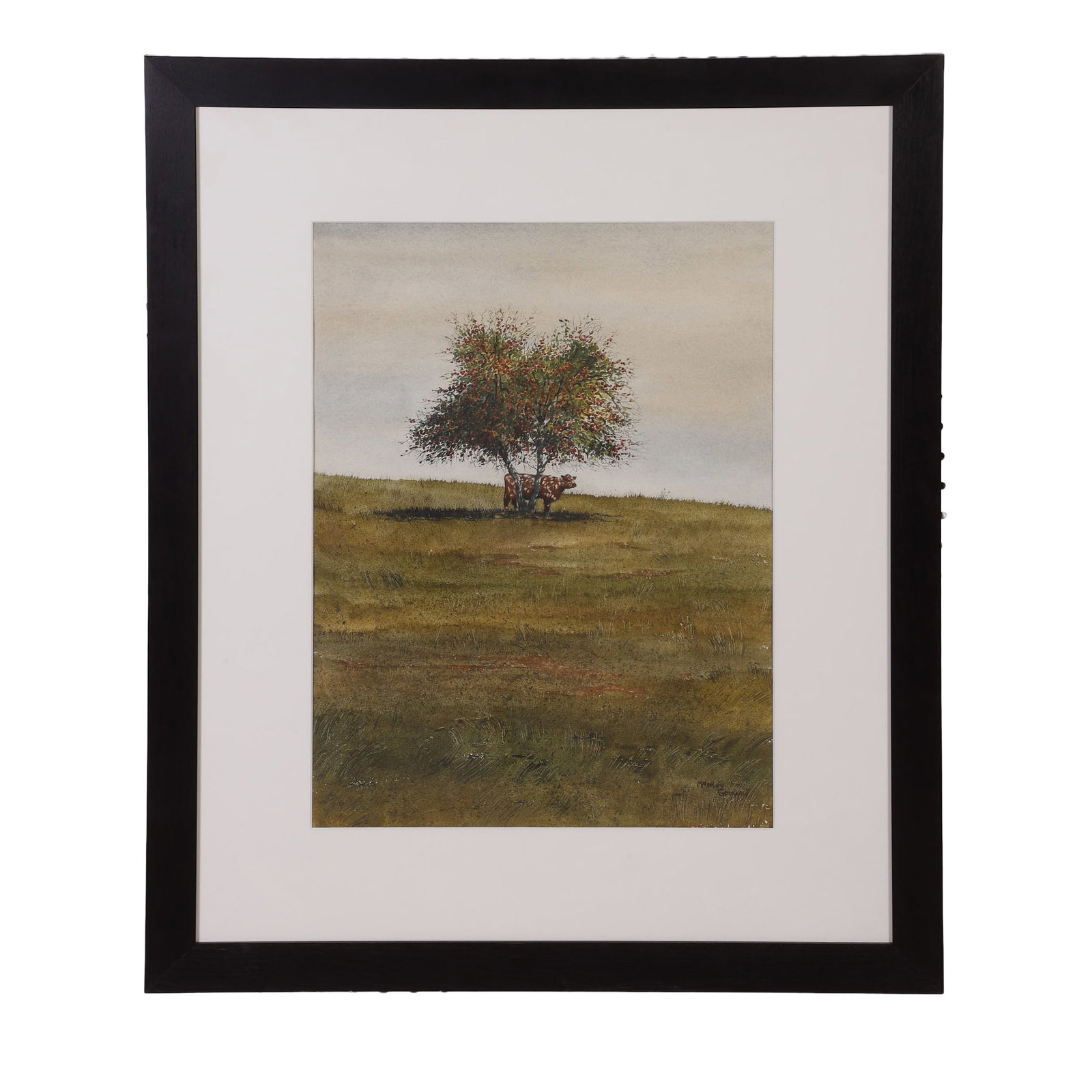 Godwin, M. Morley: M. Morley Godwin Untitled. Watercolor Cow under the apple tree. 20" H x 15" W, sight. 31" H x 26" W, frame.