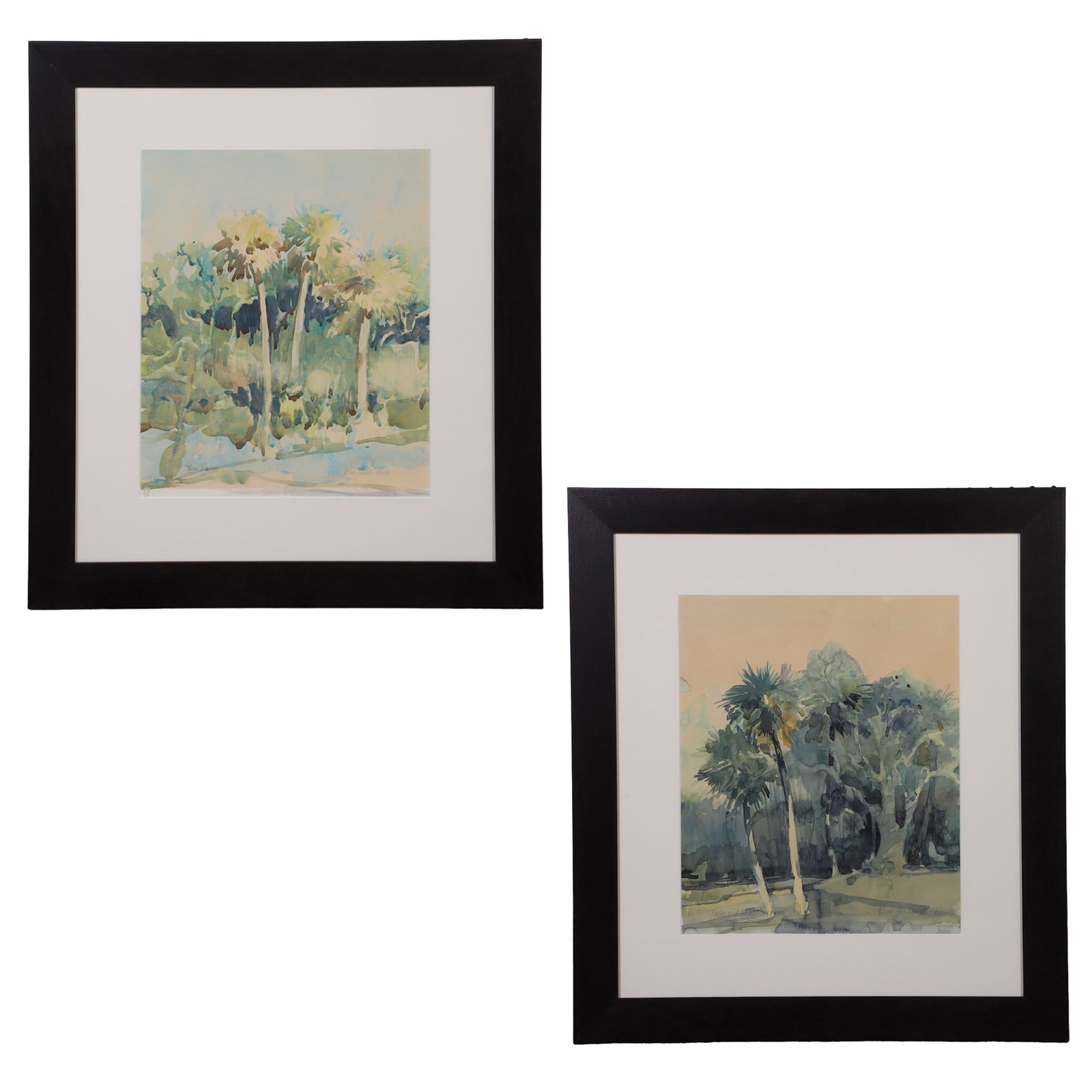(2) Plein Air Watercolor Works: (2) Plein Air Watercolor Works, Palm Trees Unknown artist. Signed Webb, 1985. Titles: "Three Palms" and "Palm and Oak. 16.5" H x 13.5" W, sight. 26.5" H x 23.5" W, frame, each.