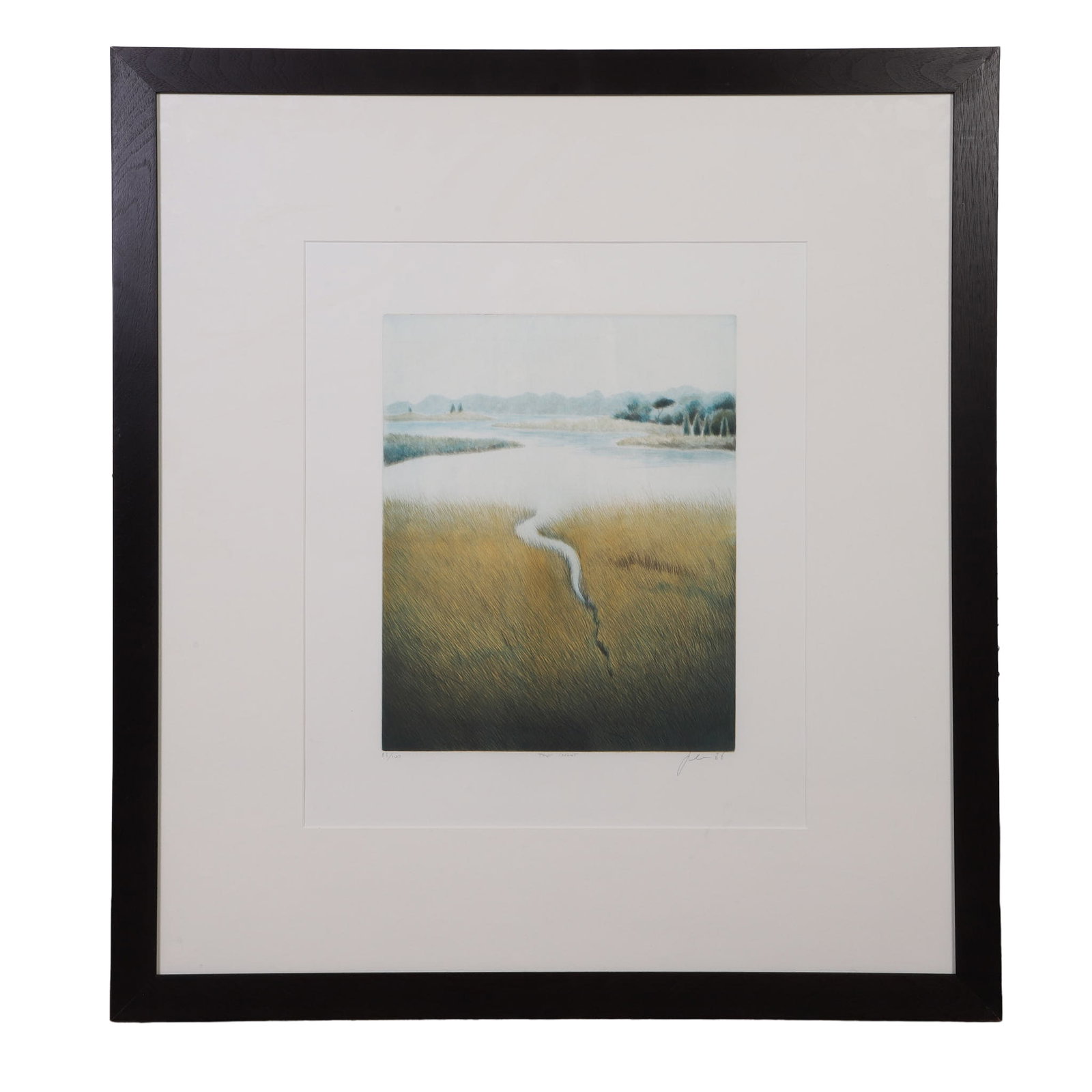 Jelen, Nicolette (American 20th C): Nicolette Jelen American 20th C The Inlet, 1986 Aquatint etching Numbered 83/100. Pencil signed. Size: 21" H x 18" W, sight. 35" H x 32" W, frame.