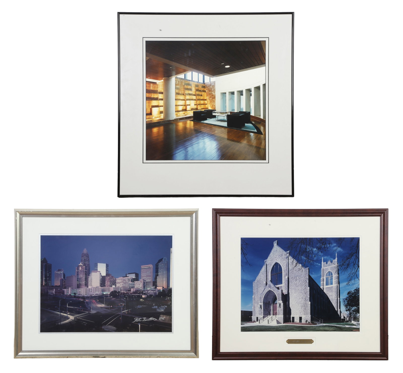 (3) Architectural Photos: (3) Architectural Photos Including of The Tryon Center for The Arts, of the Cincinnati Skyline, and a well lit modern interior. Largest: Image Height: 19 1/2 in, Image Width: 19 1/2 in, Framed