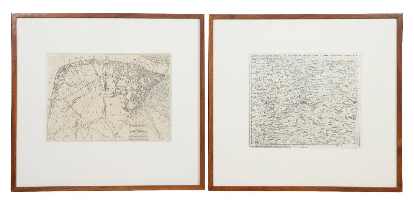 (2) Antique London City Maps: (2) Antique London City Maps Engraving #19 London, Country 30 Miles Around, 1764; Plan of South London, 1769 Image Height: 11 in, Image Width: 13 in, Framed Height: 21 in, Framed Width: 23 in and