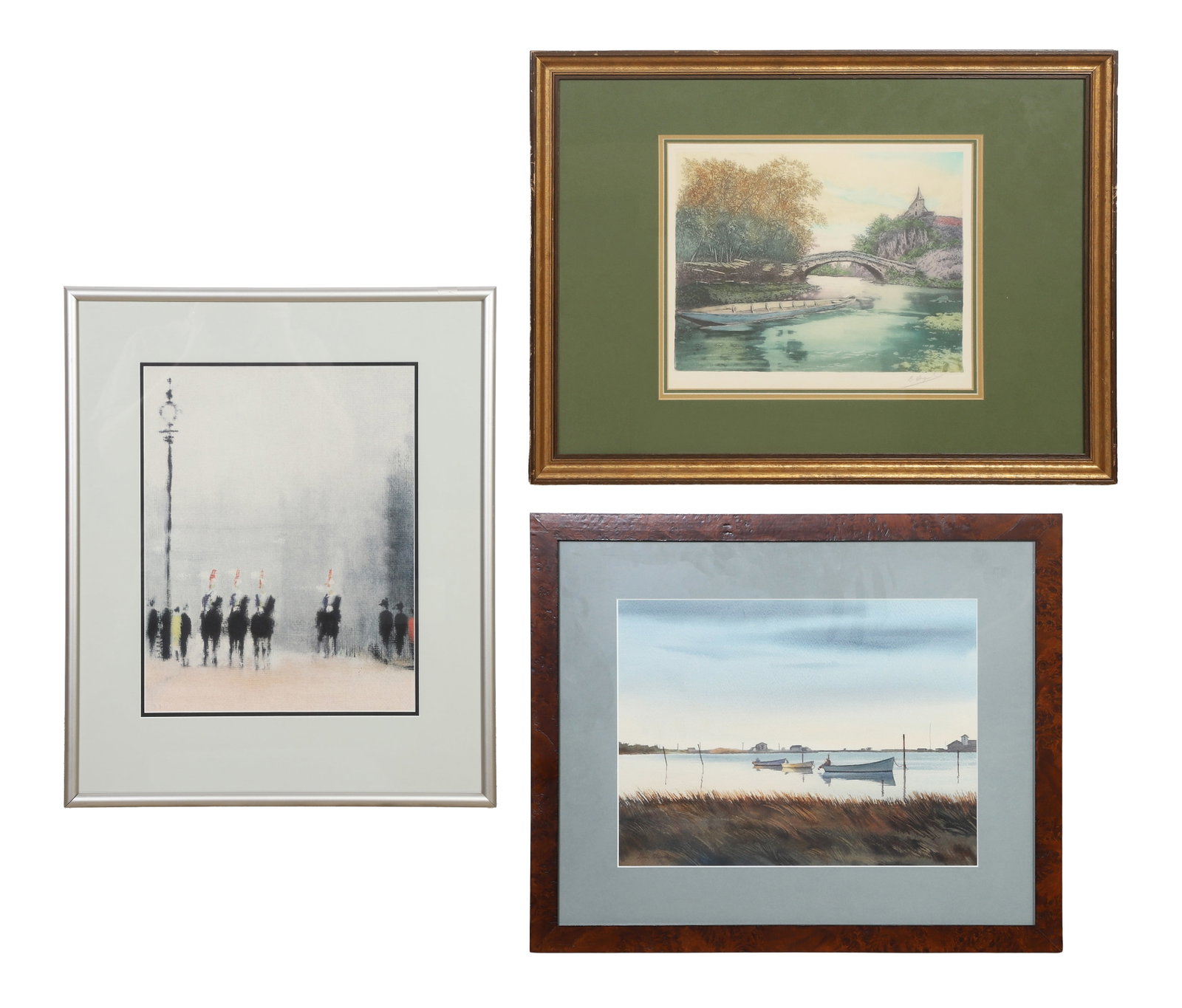 (3) Decorative Works: (3) Decorative Works A lithograph after Anthony Klitz, The Changing of the Guard, an engraving possibly by Henri Dupont, and a Southern regionalism watercolor of boats in a marsh by Don Harris. Waterc