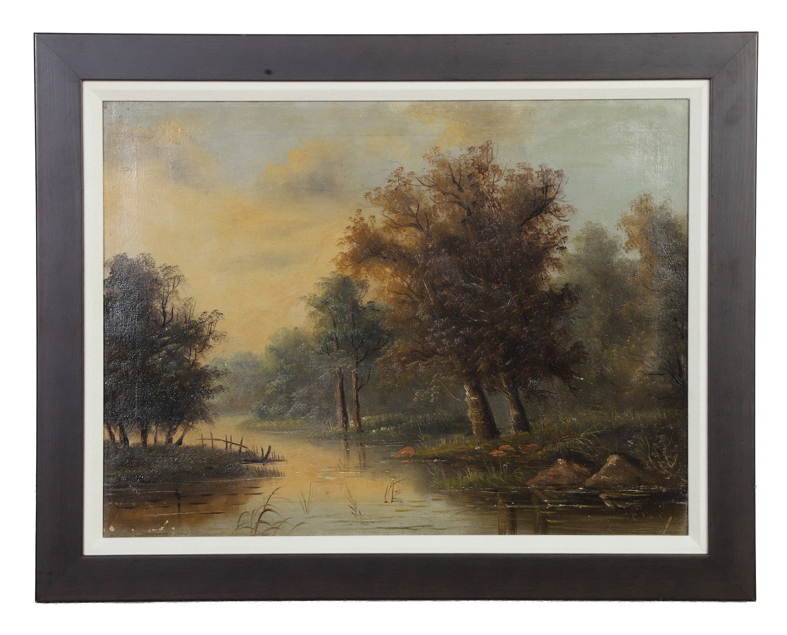 Barbizon School painting: Barbizon School painting, artist unknown oil on canvas signed Illegibly lower right 14.75" H x 19.75" W, sight. 19" H x 24" W, frame.