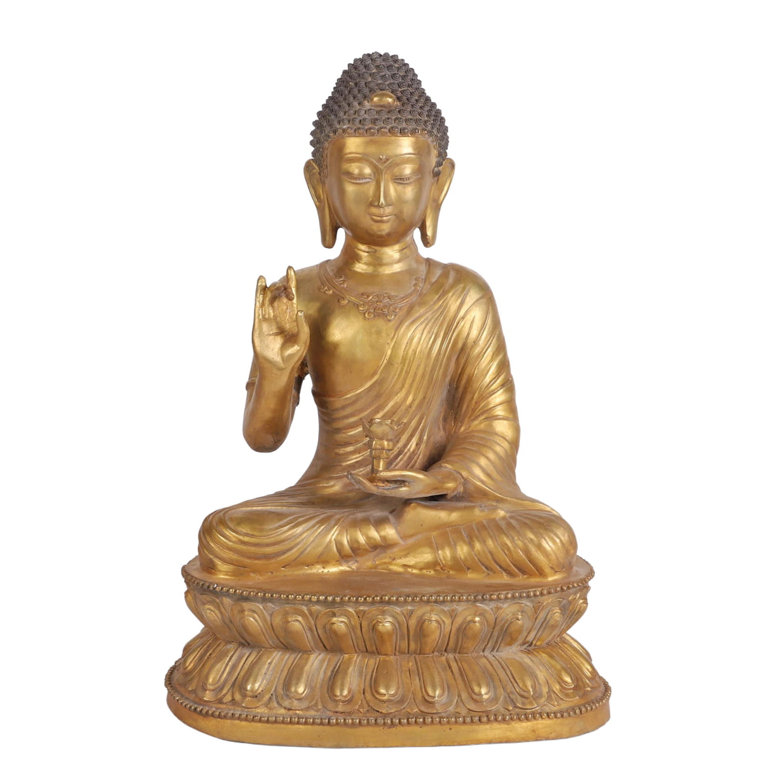 Sino-Tibetan Gilt Bronze Temple Buddha: Sino-Tibetan Gilt Bronze Temple Buddha Sino-Tibetan Gilt Bronze Temple Sized Buddha. Size: 21.5" H x 14.25" W x 10" D