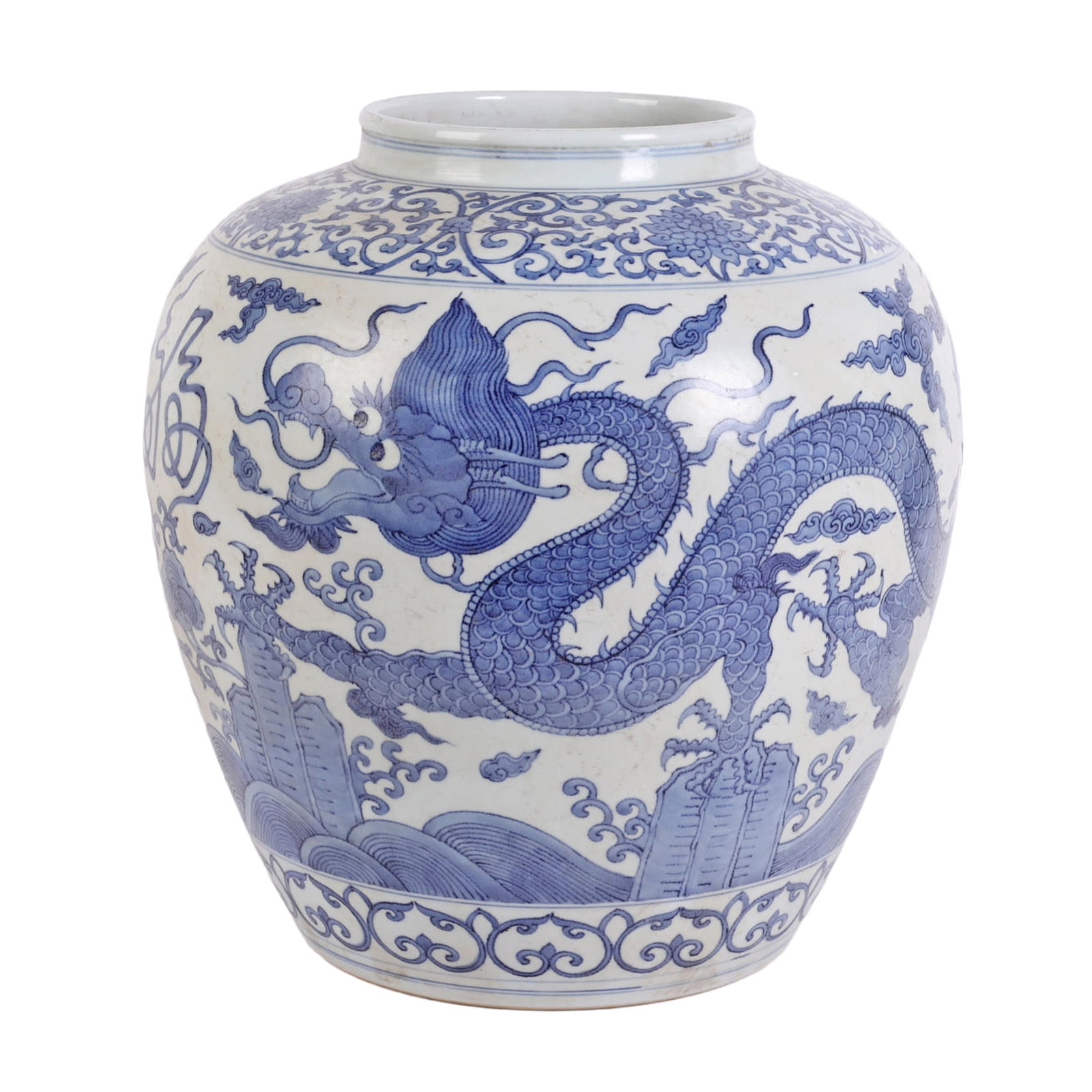 Chinese Blue and White Dragon Jar, 17" High: Chinese Blue and White Dragon Jar, 17" High Large scale Ming Dynasty style jar. Inscribed. Size: 17" H x 17" diameter.
