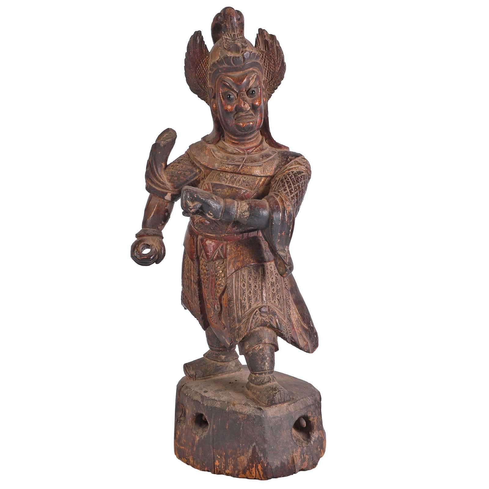 Antique Chinese Temple Guardian Deity: Antique Chinese Temple Guardian Deity Large scale figural carved wood Weituo (Chinese) or Idaten (Japanese). Remnants of gilding and paint. Sitting atop a heavy timber base hinting at being an archite