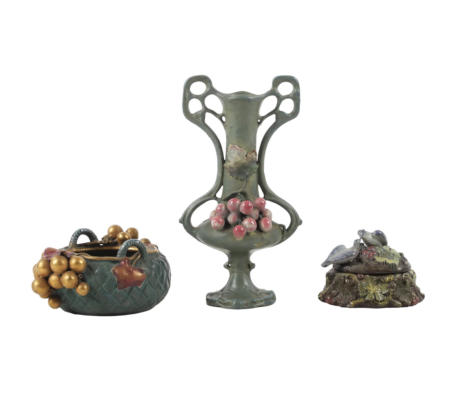 (3) Art Nouveau Ceramics Feat. Teplitz: (3) Art Nouveau Ceramics Feat. Teplitz Trio of antique Art Nouveau ceramics featuring two pieces from Teplitz, including a two-handled amphora vase (10 3/8"h, 5 3/8"w) and a squat basket catchall (3 1