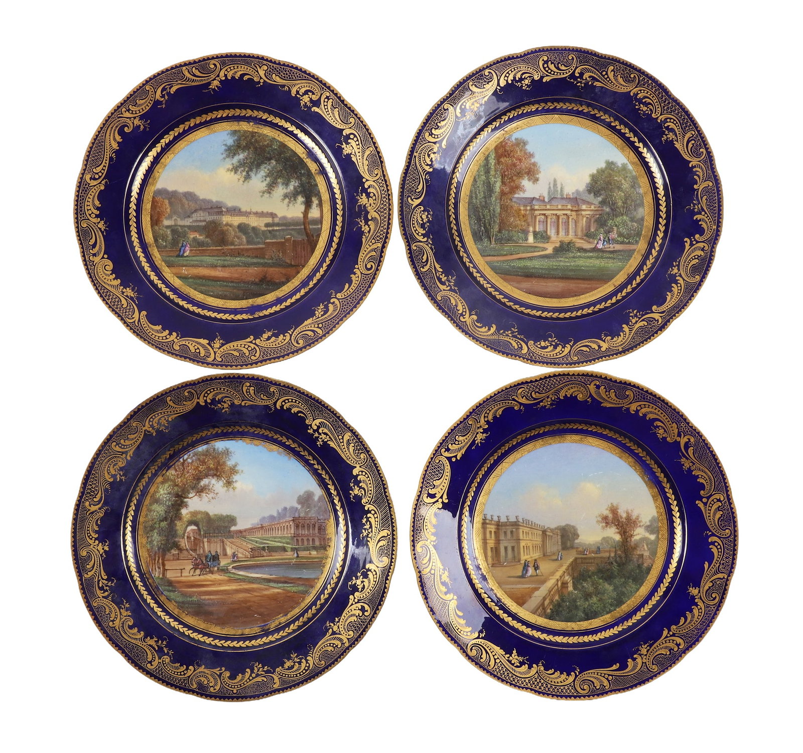 (4) 18th C. Sevres Hand Painted Cobalt Chateau Motif Cabinet Plates (1 of 20)