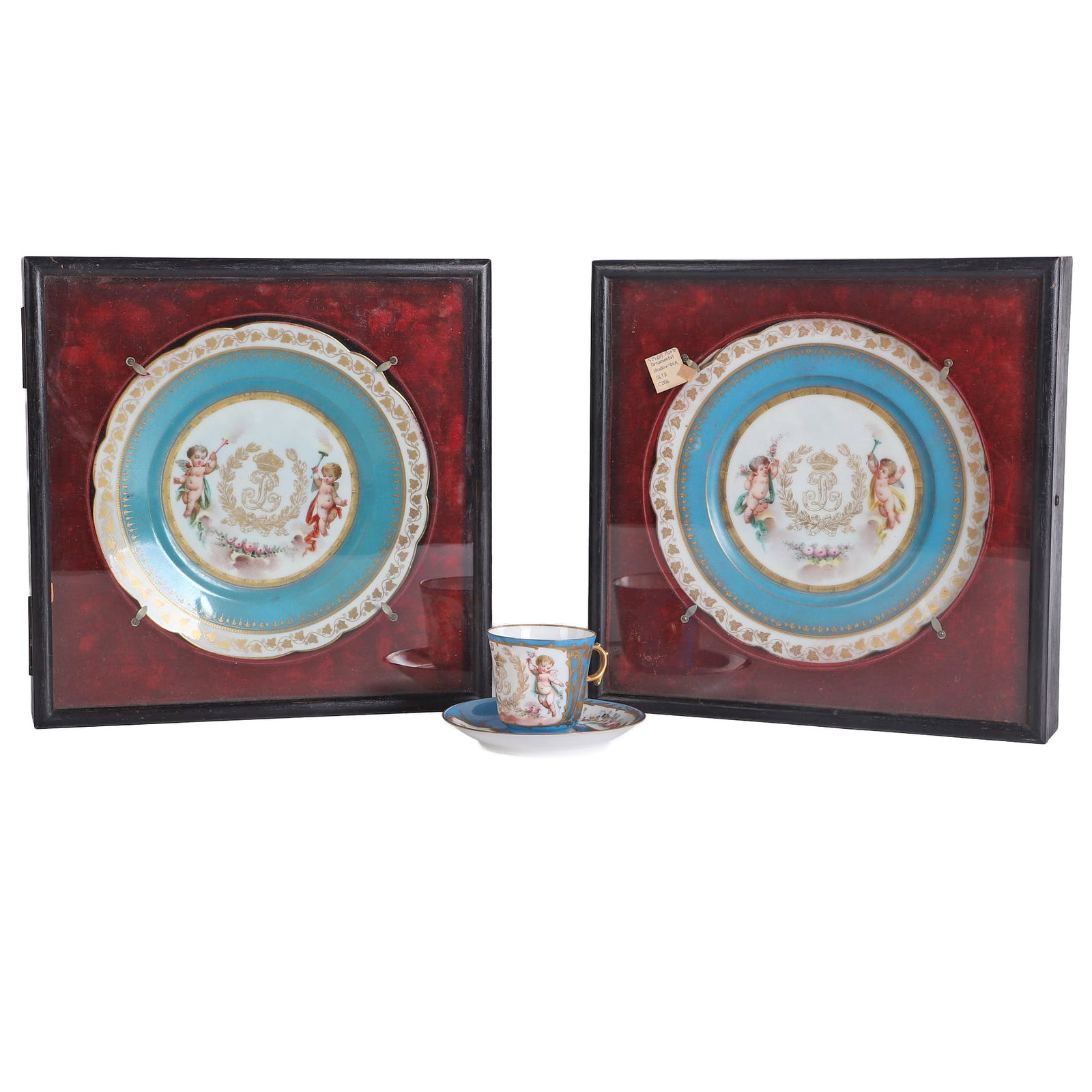 Pair of 1844 Sevres 'Chateau De Tuileries' Louis Philippe Blue Celeste Cabinet Plates w/ Matching: Pair of 1844 Sevres 'Chateau De Tuileries' Louis Philippe Blue Celeste Cabinet Plates w/ Matching Demitasse Pair of 1844 Sevres Louis Philippe porcelain cabinet plates in shadowboxes decorated with ch