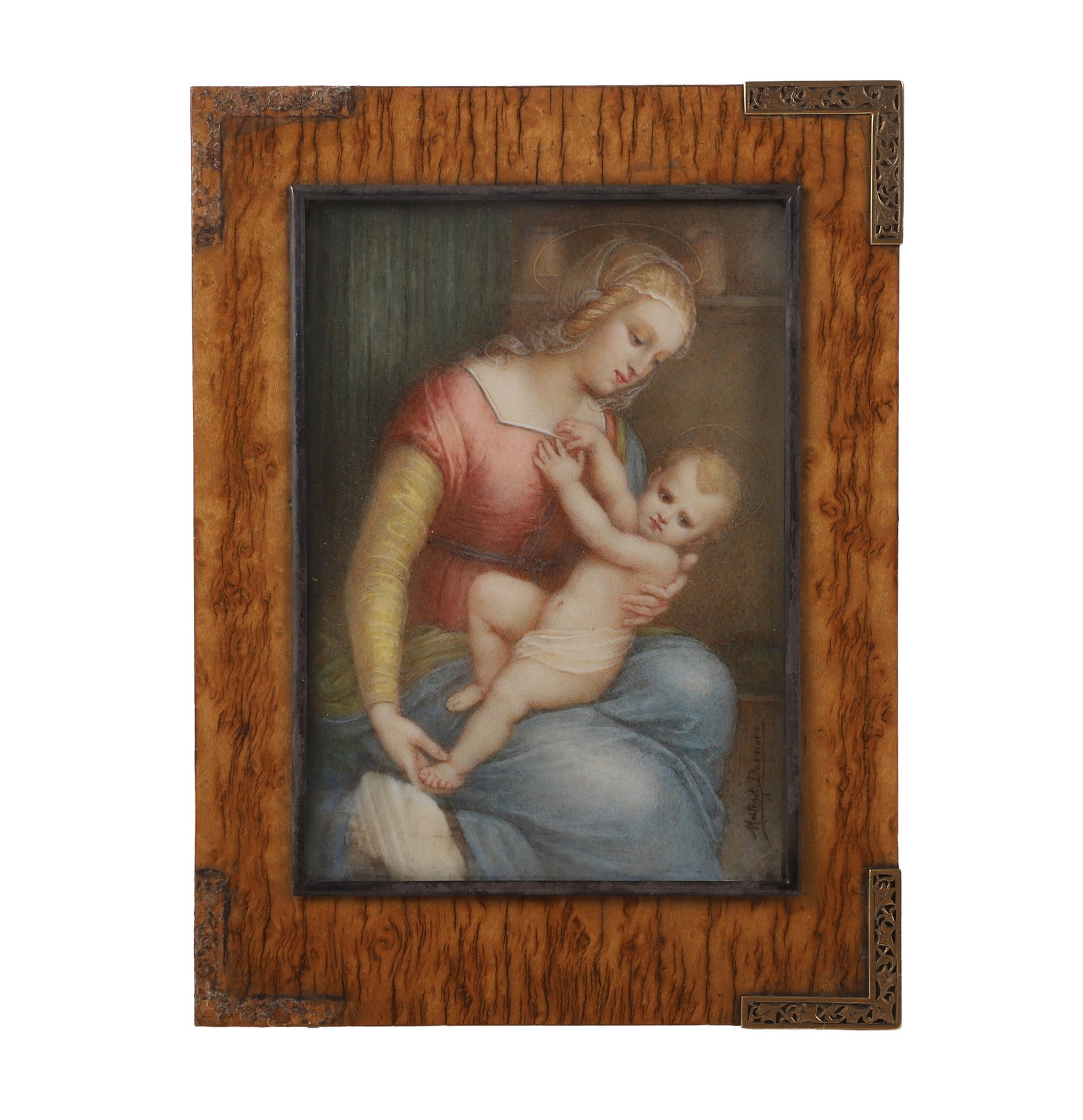 Miniature Painted Portrait, Signed: Miniature Painted Portrait, Signed A minature painted portrait of a mother and child, signed 'Matrod. Desmurs' at bottom left. Framed, missing two corner embellishments. Frame somewhat loose. Size - s