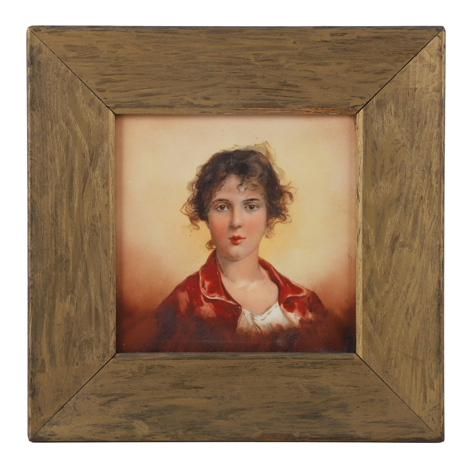 Painted Porcelain Portrait of a Young Woman: Painted Porcelain Portrait of a Young Woman A striking porcelain portrait of a shirt-haired young woman gazing directly at the viewer. Unsigned. Size - sight: 5 1/2" x 5 1/2"; frame: 9 1/2" x 9 1/2"