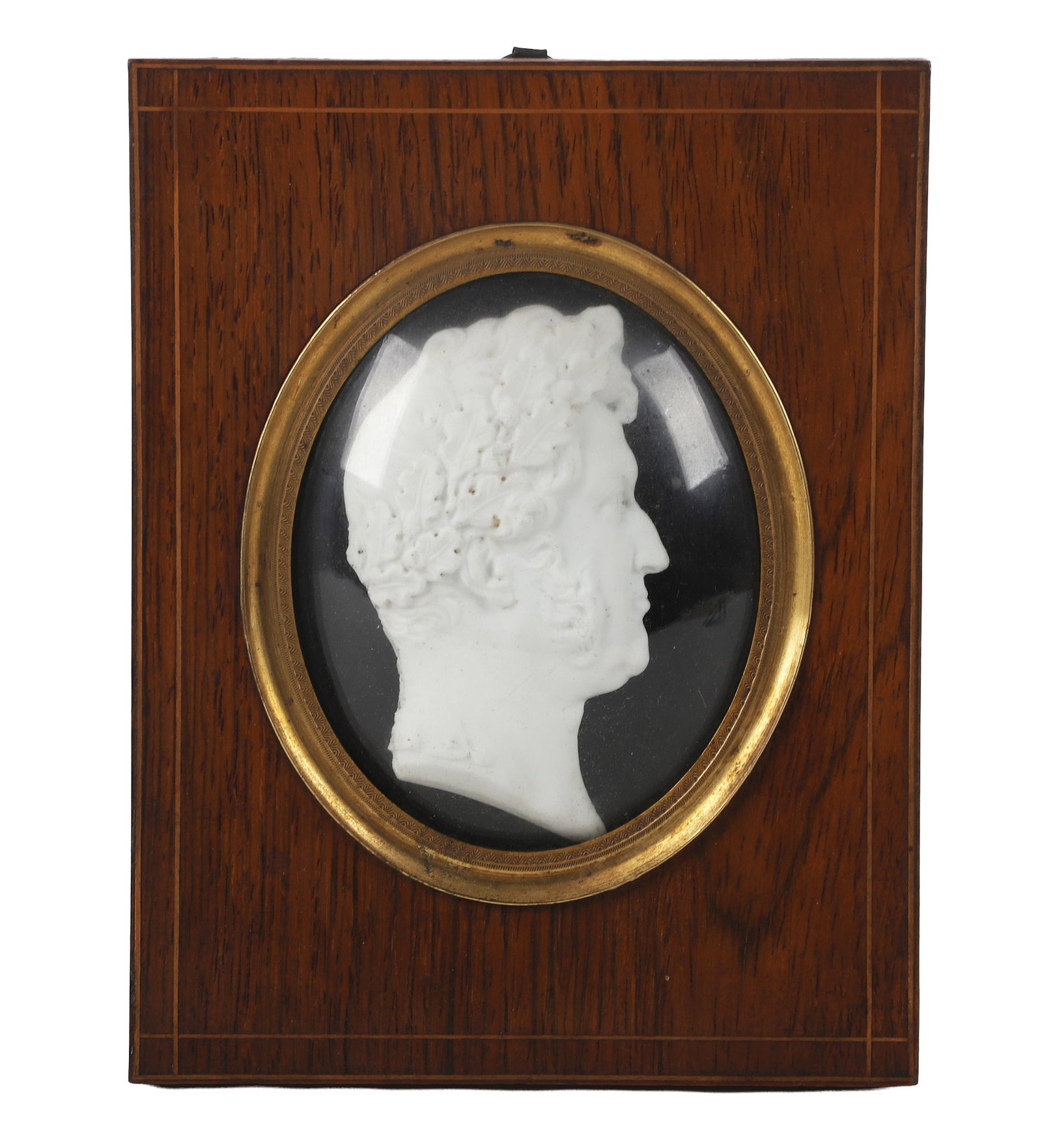 19th C. Black & White Framed Cameo: 19th C. Black & White Framed Cameo 19th C. framed cameo of a stoic Neoclassical style man in a laurel crown of oak leaves, likely a Roman figure such as Sulla or Julius Ceasar. Black on white Parian w