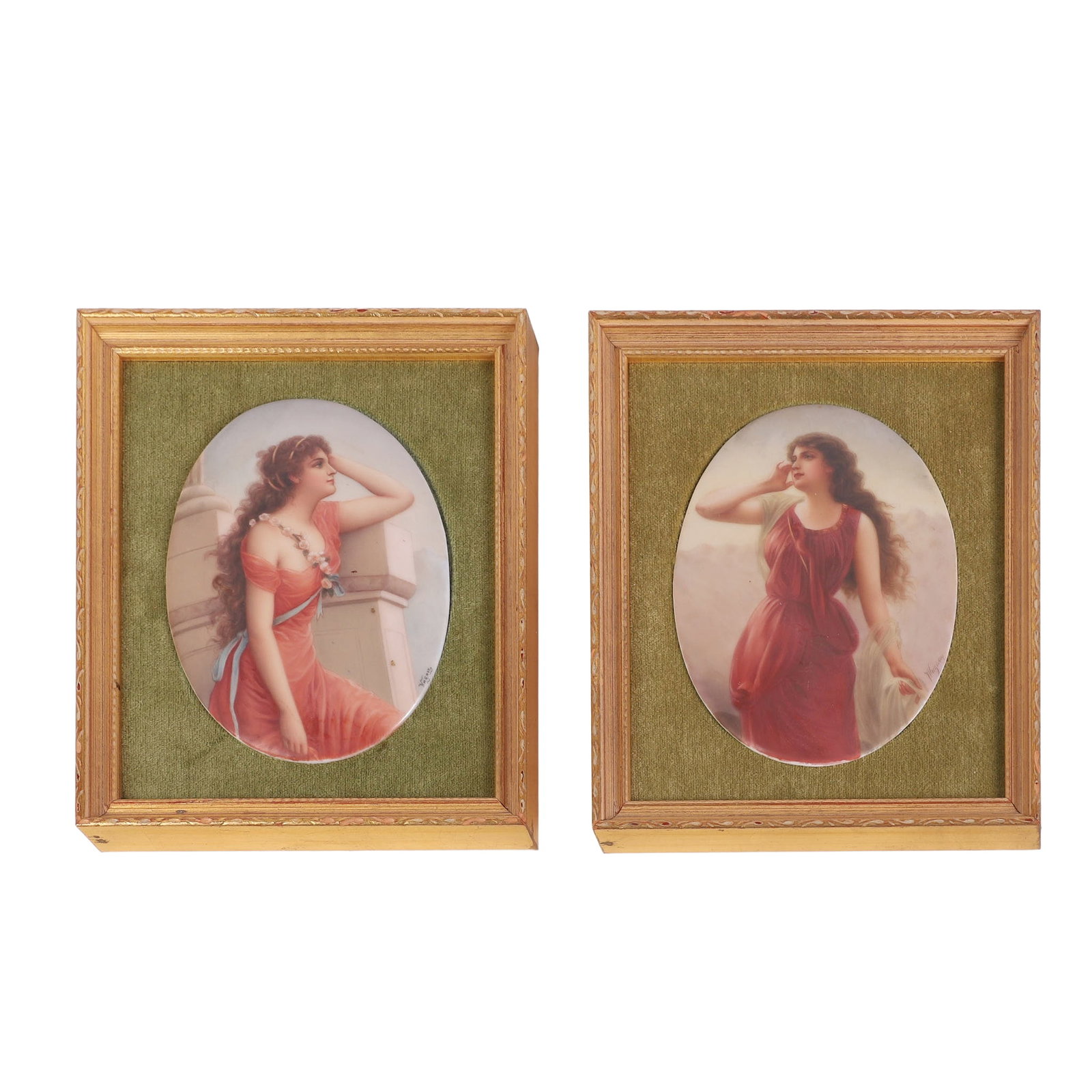 (2) KPM Style Porcelain Plaques, After Edouard Bisson, Signed.: (2) KPM Style Porcelain Plaques, After Edouard Bisson, Signed. (2) KPM style porcelain oval plaques of young women after the work of French pre-Raphaelite Edouard Bisson (1856-1939) including 'Echo' a