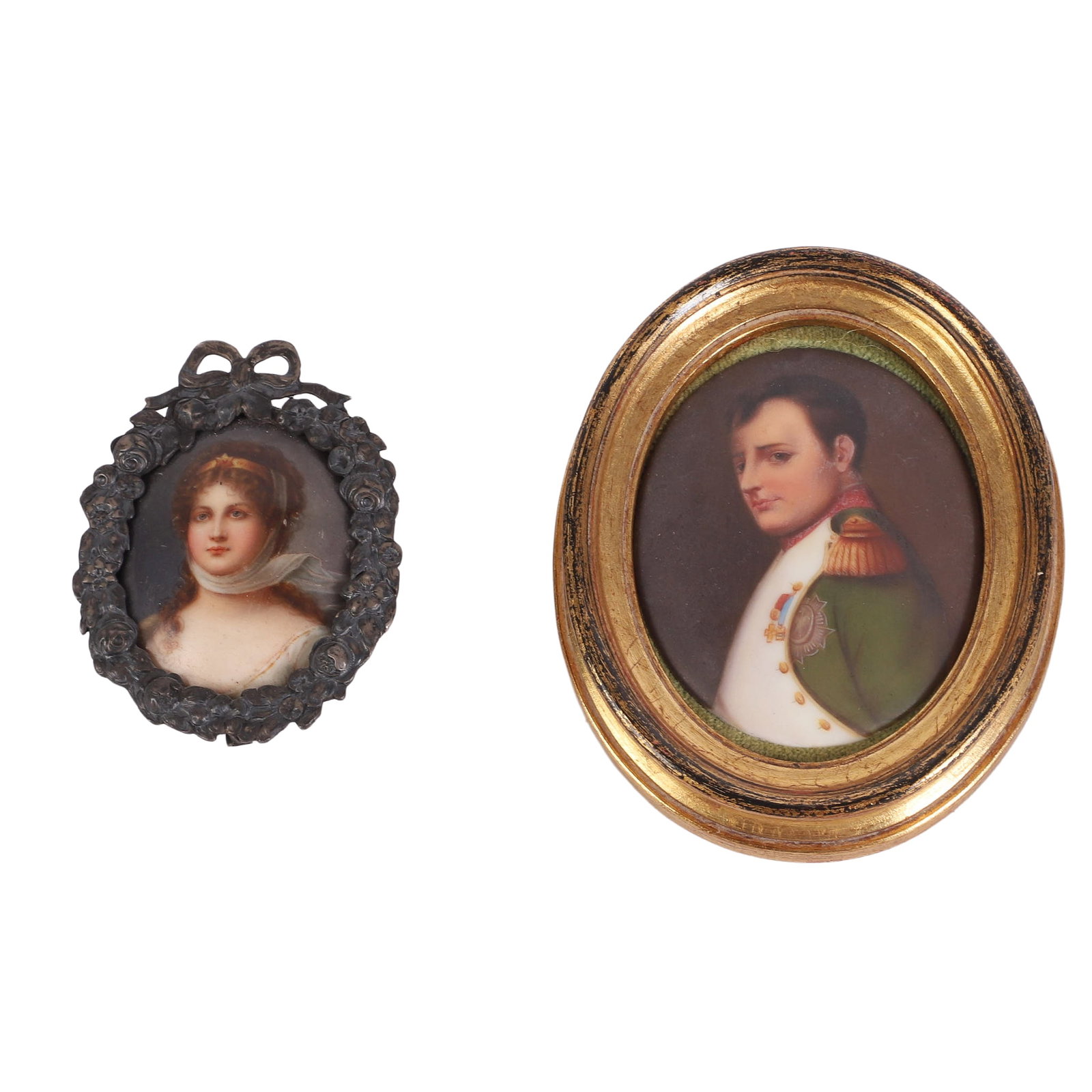 (2) Miniature Porcelain Portraits of Historical Figures: (2) Miniature Porcelain Portraits of Historical Figures (2) Miniature oval portrait paintings on porcelain including Napoleon and Queen Louise of Prussia. Smaller Queen Louise is a brooch fitted into 