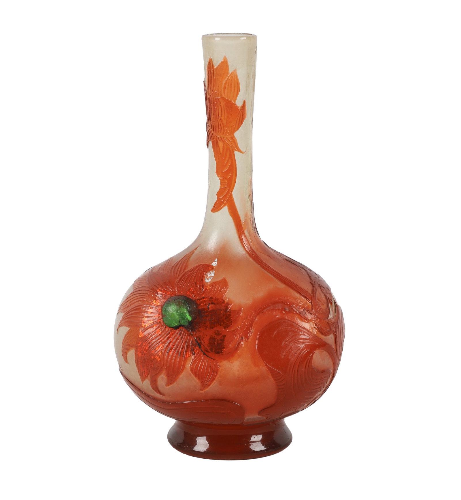 Emile Galle Art Nouveau Cameo Glass Flower Vase: Emile Galle Art Nouveau Cameo Glass Flower Vase Art Nouveau style Galle cameo glass vase decorated with raised red flowers in vibrant hues, gold flake accents and a green glass cabochon at the center 