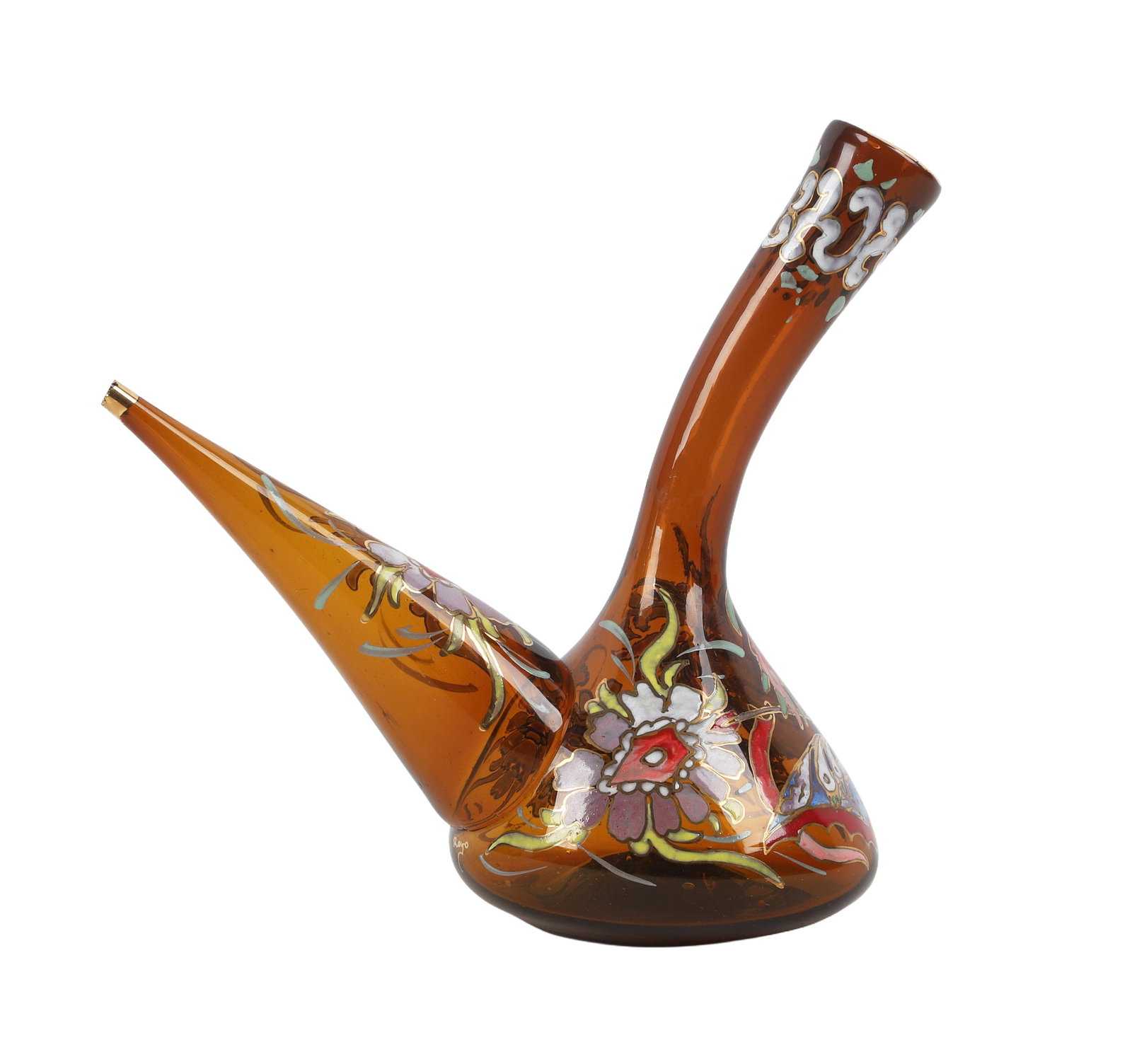 MCM Moser Style Enameled Hand Blown Wine Porron, Signed Royo (1 of 17)
